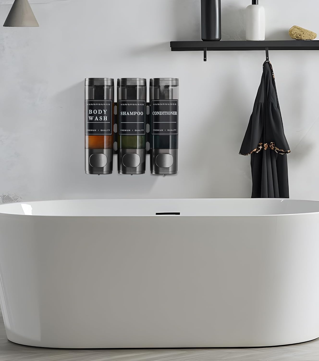 Shower Soap Dispenser Wall Mounted No Drill Shampoo Dispenser for Shower Wall Shampoo and Conditioner Dispenser Bathroom Hotel 3 * 300ml Gungray with Labels - Image 5