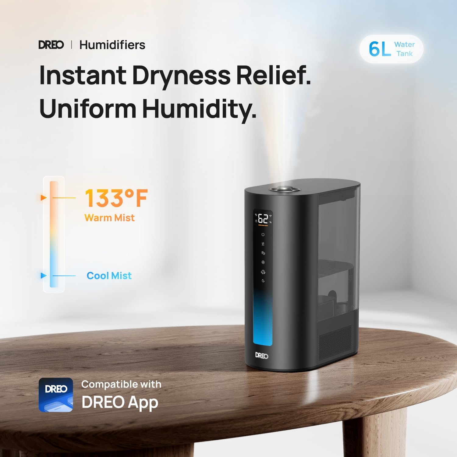 DREO 6L Humidifiers for Bedroom, Smart Warm & Cool Mist for Large Room, 60Hr Quiet Runtime for Baby, Plant, Humidity Sensor, Indicator Light, 12H Timer, Google/Alexa, Black - Image 2