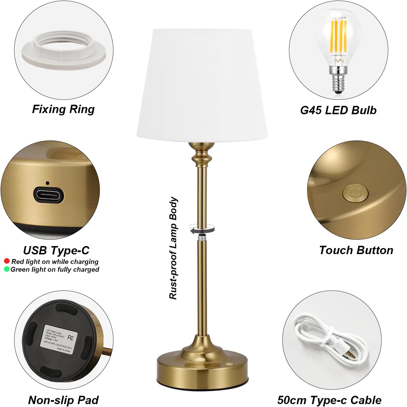 Cordless Table Lamp Rechargeable Gold - 1 Pack Brass 4000mAH Battery Operated Lamp for Decor, 3000K Stepless Dimming Touch Control Wireless Lamp for Bedroom, Dining Table, Counter, Living Room - Image 5