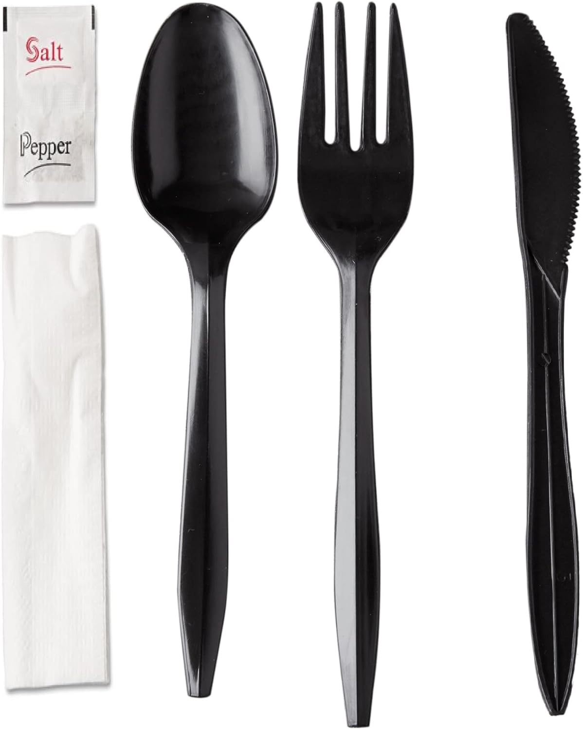 250 Plastic Cutlery Packets - Knife Fork Spoon Napkin Salt Pepper Sets | Black Silverware Sets Individually Wrapped Kits, Bulk Plastic Utensil Cutlery Disposable To Go Silverware