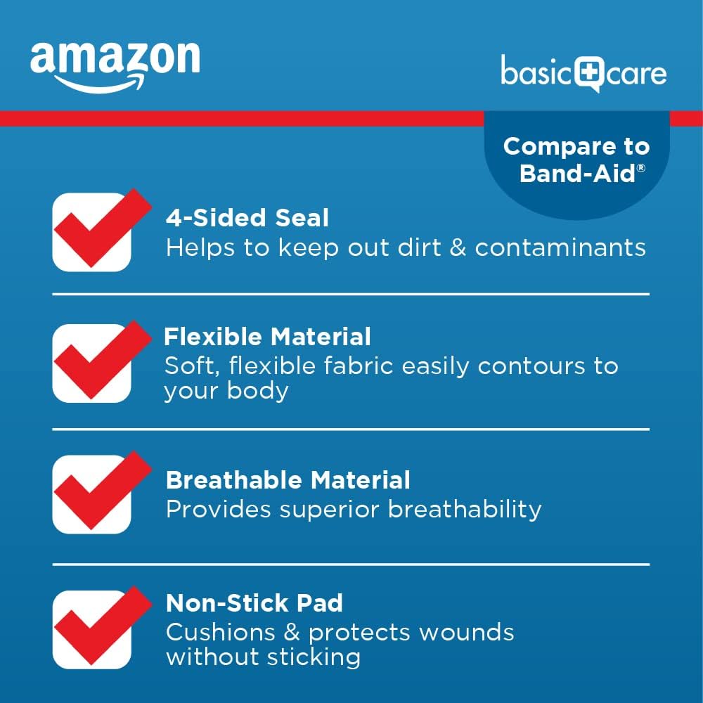 Amazon Basic Care Flexible Fabric Adhesive Bandages, First Aid for Wounds and Scrapes, Breathable First Aid Wound Care Supplies, Assorted Sizes, 100 Count - Image 5
