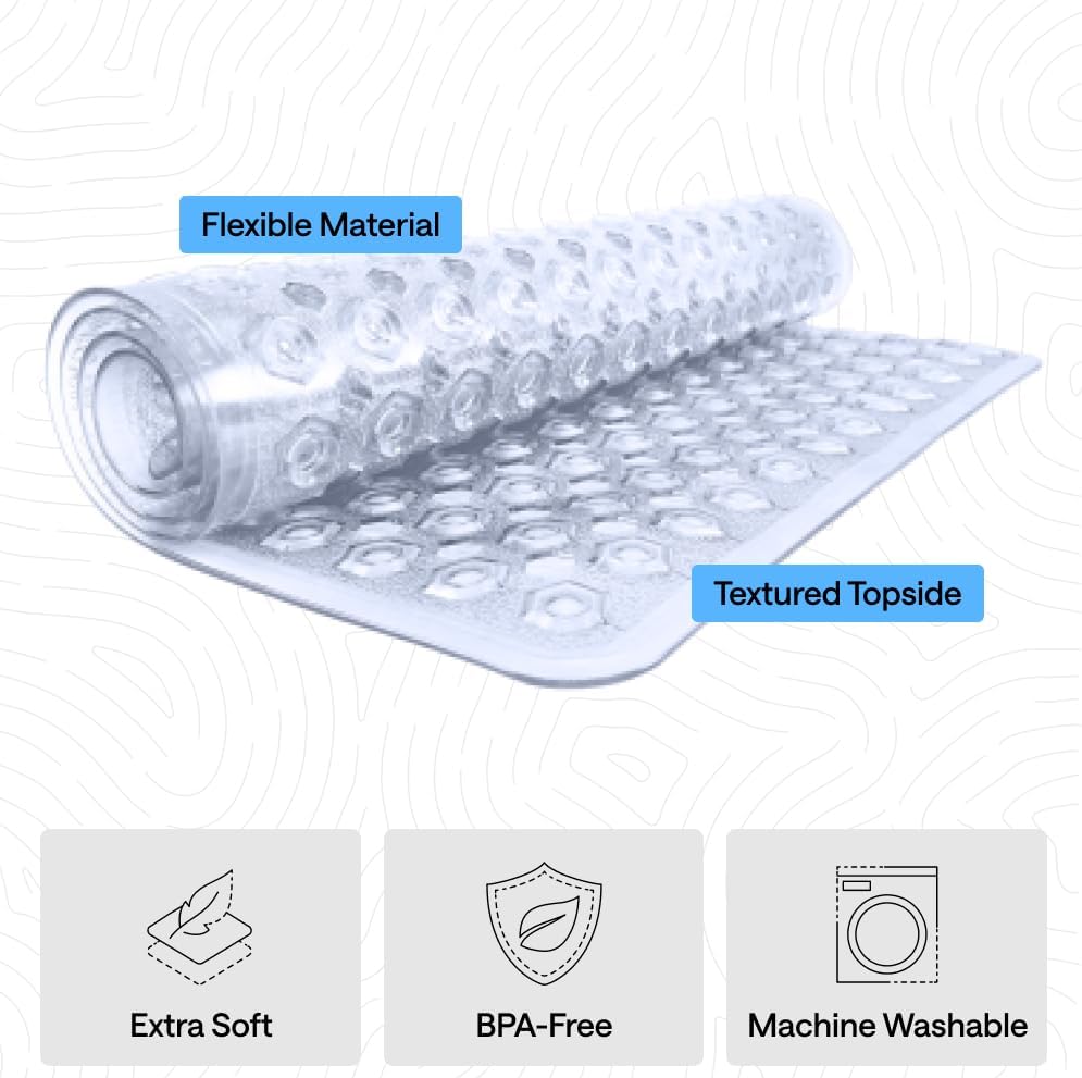 GORILLA GRIP Patented Bath Tub Shower Mat, Machine Washable Bathtub Floor Liner Mats, Suction Cups and Drain Holes to Keep Tubs Clean, Soft on Feet, Bathroom Essentials, 35x16 Inch, Clear - Image 4