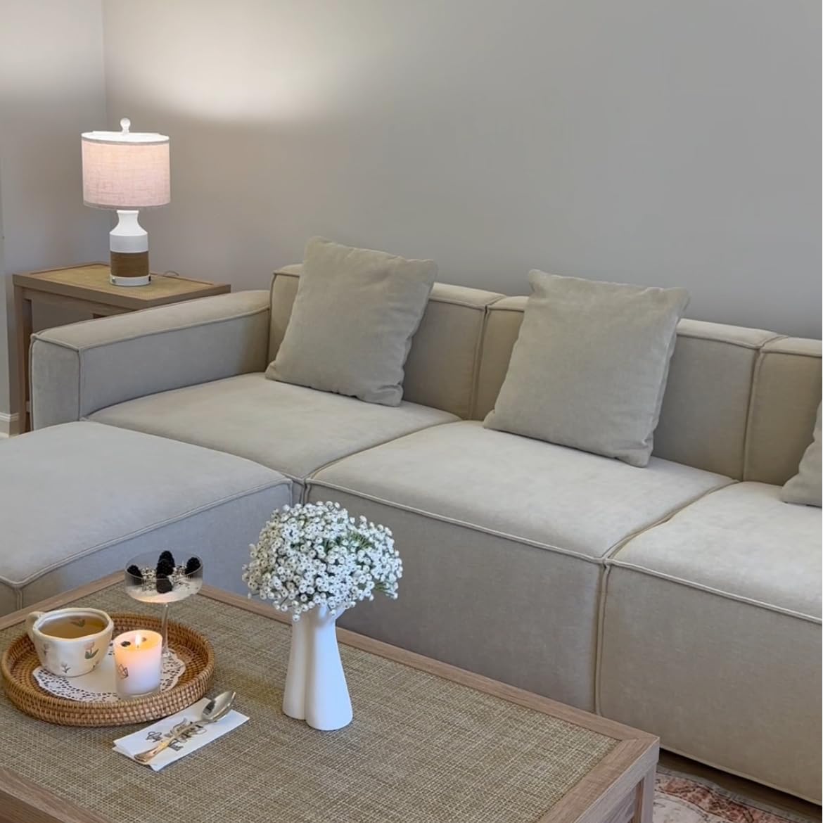 Acanva Luxury Modular Sectional Living Room Sofa Set, Modern Minimalist Style Couch with Ottoman and Chaise, L-Shape, Linen-Like Cream - Image 6