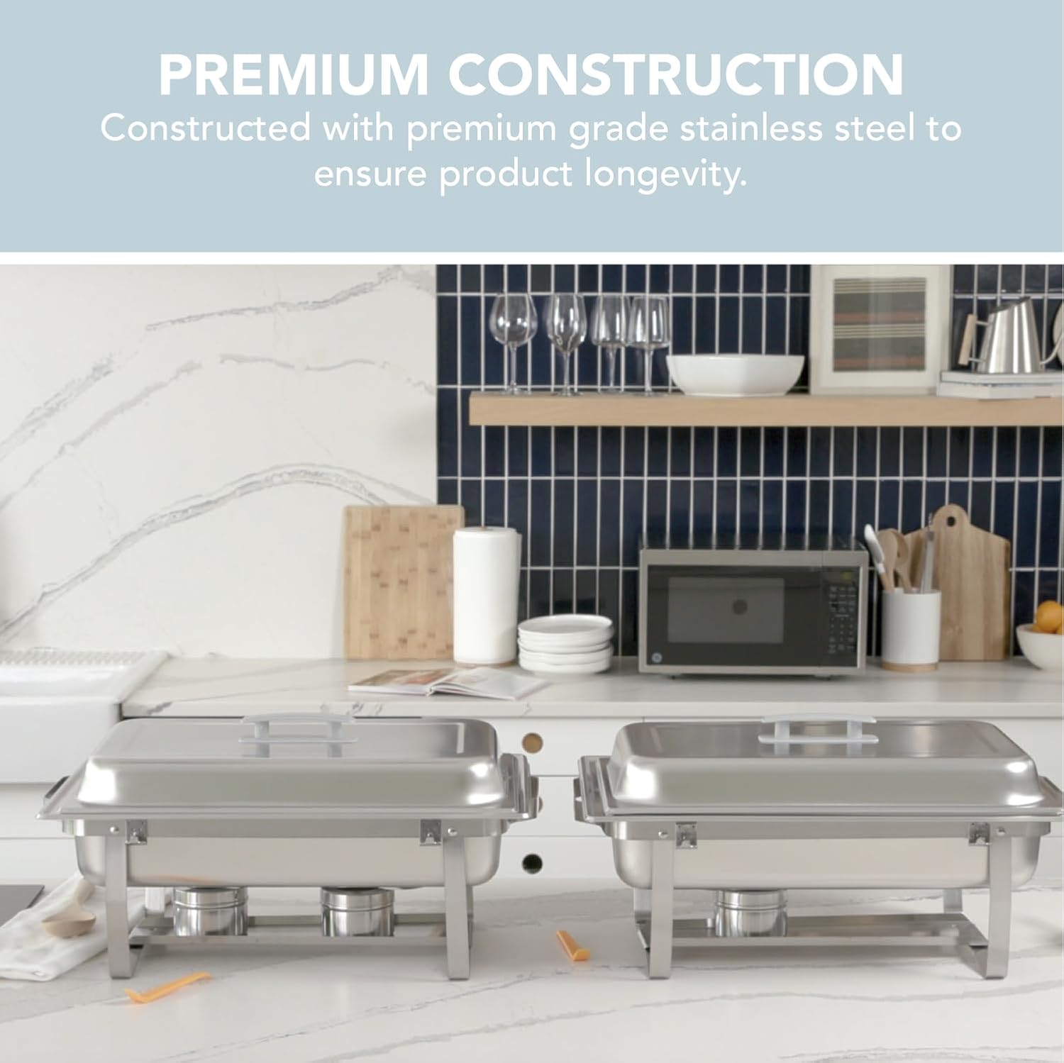 Alpha Living 4 Pack Chafing Dish Full Set – Stainless Steel Catering Chafer with Lids, Pans & Fuel Holders – Buffet Food Warmers for Parties, Events & Weddings – Alpine Gray Handles - Image 4