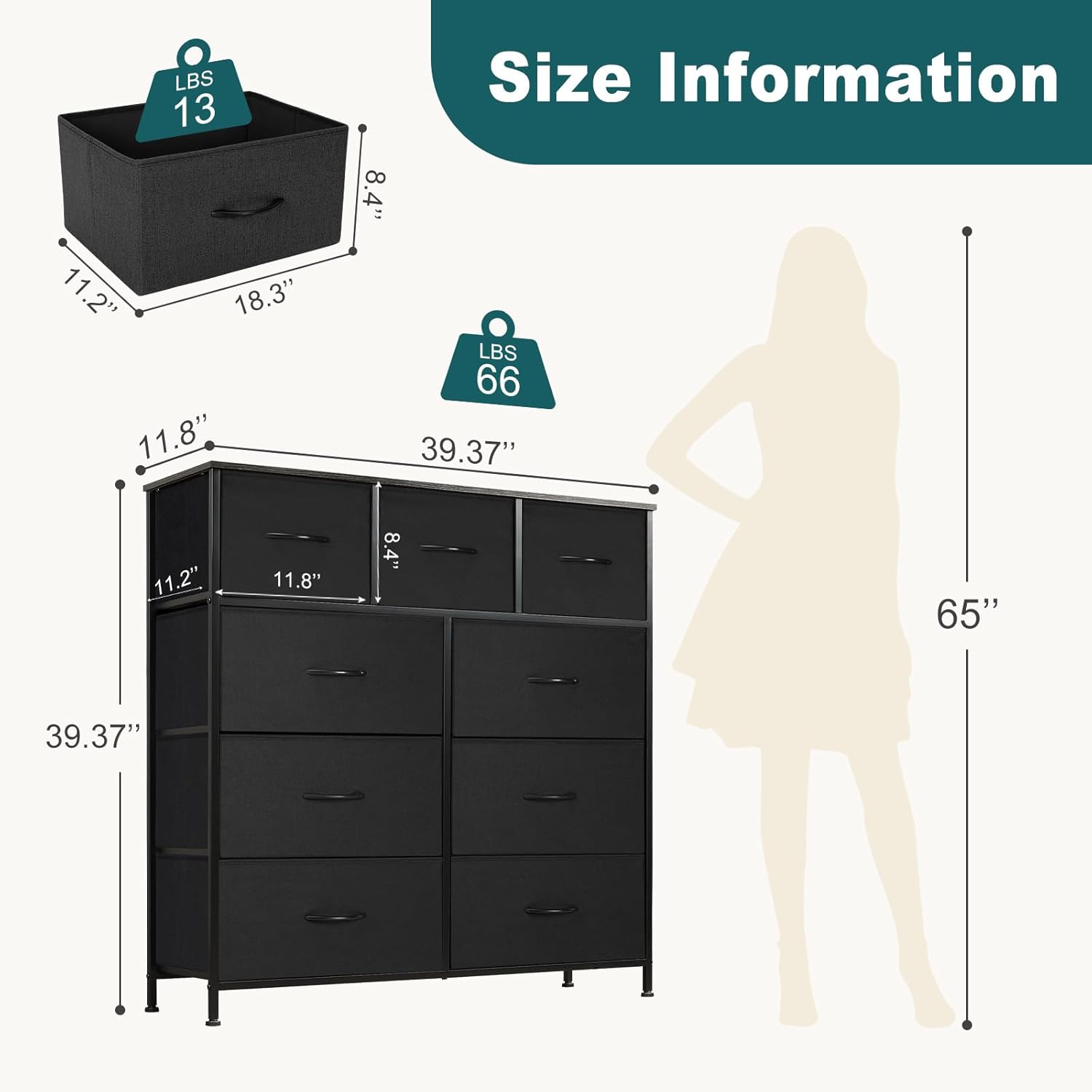 Dresser for Bedroom with 9 Drawers, Anti-Tip Tall Fabric Chests Storage Organizer Tower Furniture with Wooden Top Metal Frame for Clothes, Closet, Living Room, Hallway, Entryway - Image 3