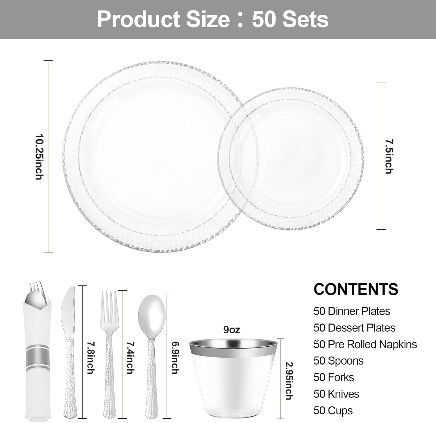 350PCS Clear Plastic Plates with Silver Trim for 50 Guests, Disposable Dinnerware Set for Party & Wedding, Includes 100 Plastic Plates, 50 Pre Rolled Napkins with Silver Silverware, 50 Cups - Image 2