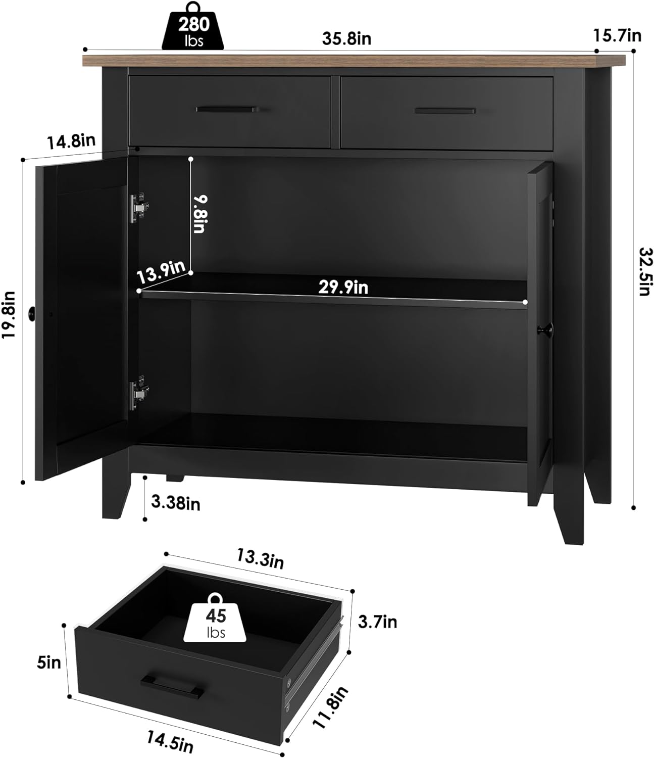 HORSTORS Kitchen Storage Cabinet, Modern Farmhouse Buffet Cabinet with Storage, Coffee Bar with 2 Drawers and 2 Doors, Floor Sideboard Buffet for Living Room, Dining Room, Bathroom, Black/Rustic Brown - Image 3