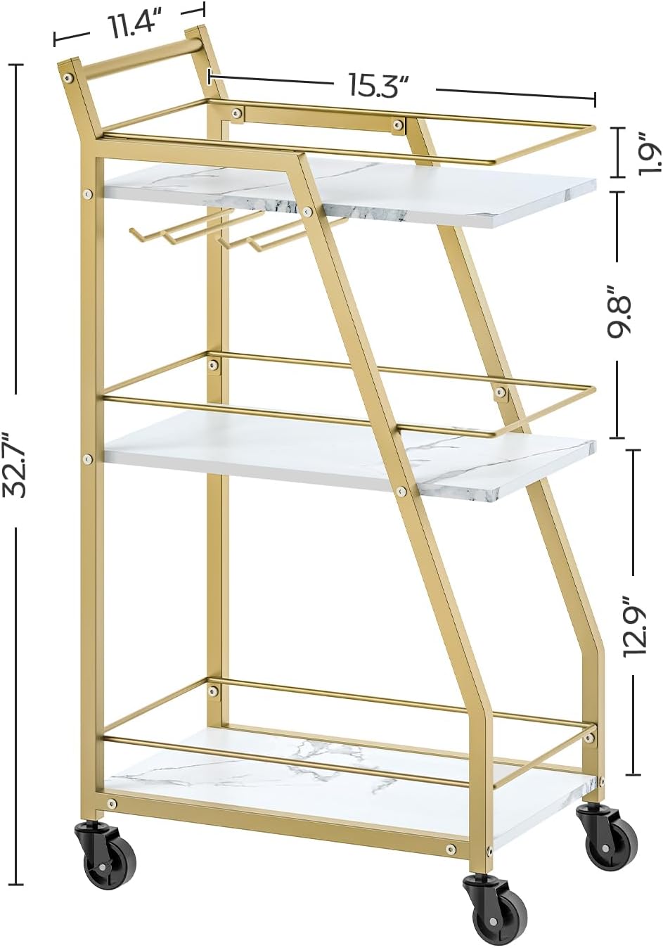 Bar Cart, Gold Bar Cart for The Home, Small Bar Cart on Wheels, Beverage Cart, Home Bar Serving Cart with Glass Holder, Drink Cart for Bar, Kitchen, Marble White and Gold BC03DW - Image 3