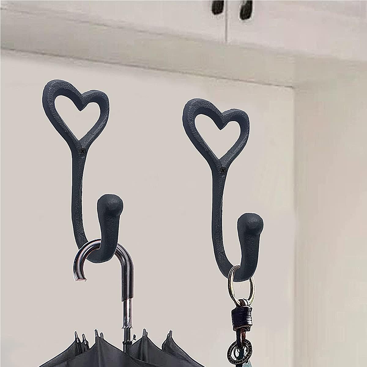 ZEYU Heavy Duty Coat Hooks, 4pcs Cast Iron Love Heart Shape Wall Hooks for Hanging Coats, Black No Rust Hooks for Scarf, Bag, Towel, Key, Cap, Cup, Hat - Image 4