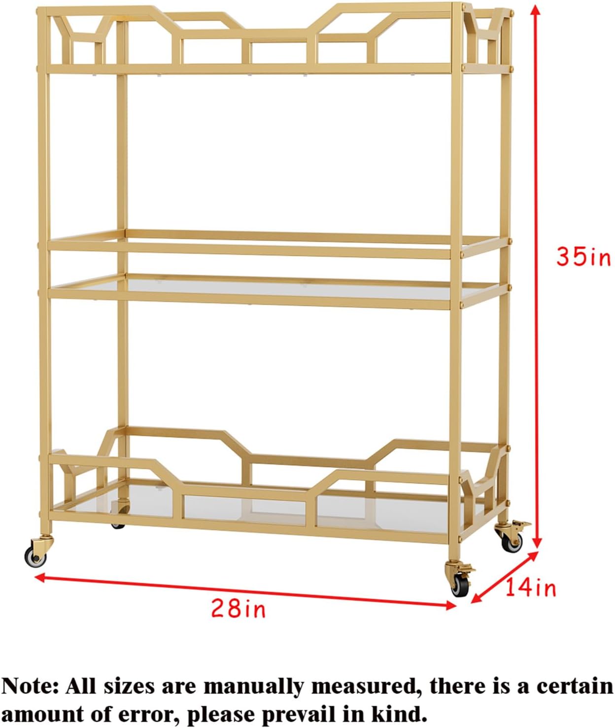 Square Gold Bar Carts with 3 Tier Storage Glass Shelves Holder Home Serving Bar Carts on Wheels for Kitchen, Bar, Dinning Room - Image 3