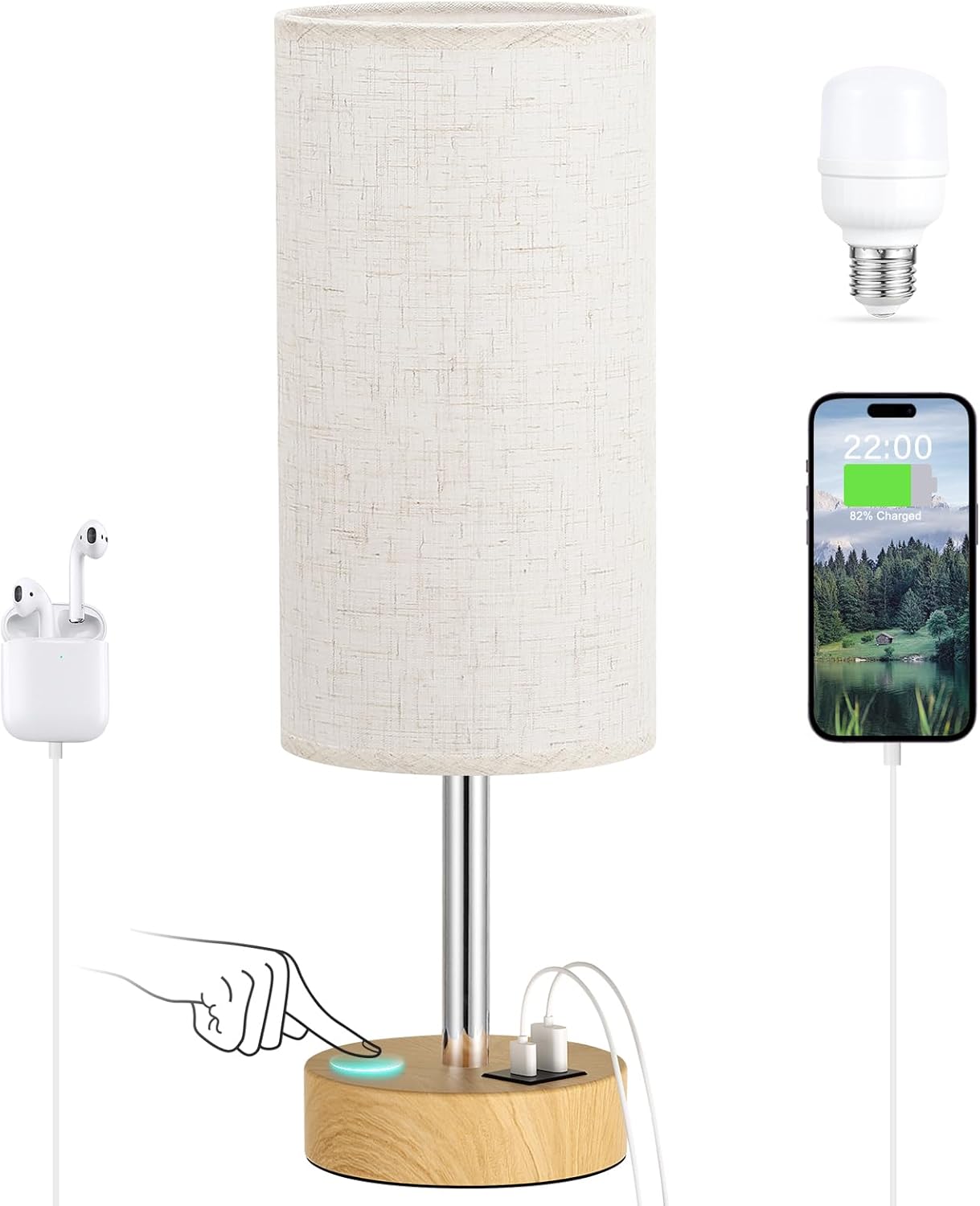 Dicoool Touch Bedside Table Lamp with USB - 3 Way Dimmable Wood Lamp for Bedroom Nightstand, Desk Lamp with Charging Station for Dorm, Living Room, Office, Kids Room, Small, 14in - Image 7