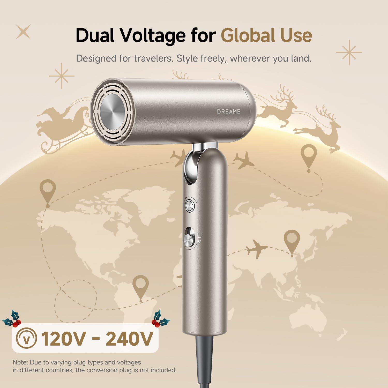 Dreame Pocket Pro Hair Dryer, Dual Voltage Travel Blow Dryer with Diffuser, 1300W Professional HighSpeed Ionic Hair Blower, Fast Drying, Low Noise, Lightweight, No Heat Damage, Global Travel 120V/240V - Image 3