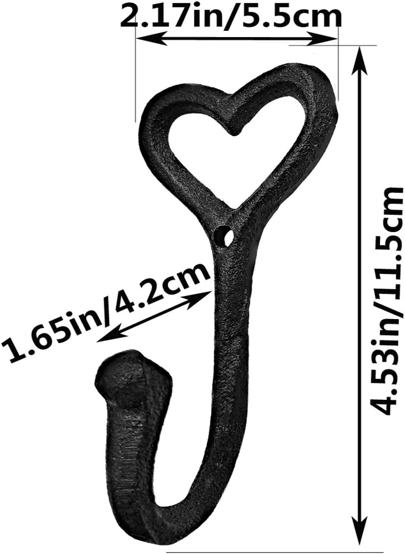ZEYU Heavy Duty Coat Hooks, 4pcs Cast Iron Love Heart Shape Wall Hooks for Hanging Coats, Black No Rust Hooks for Scarf, Bag, Towel, Key, Cap, Cup, Hat - Image 2