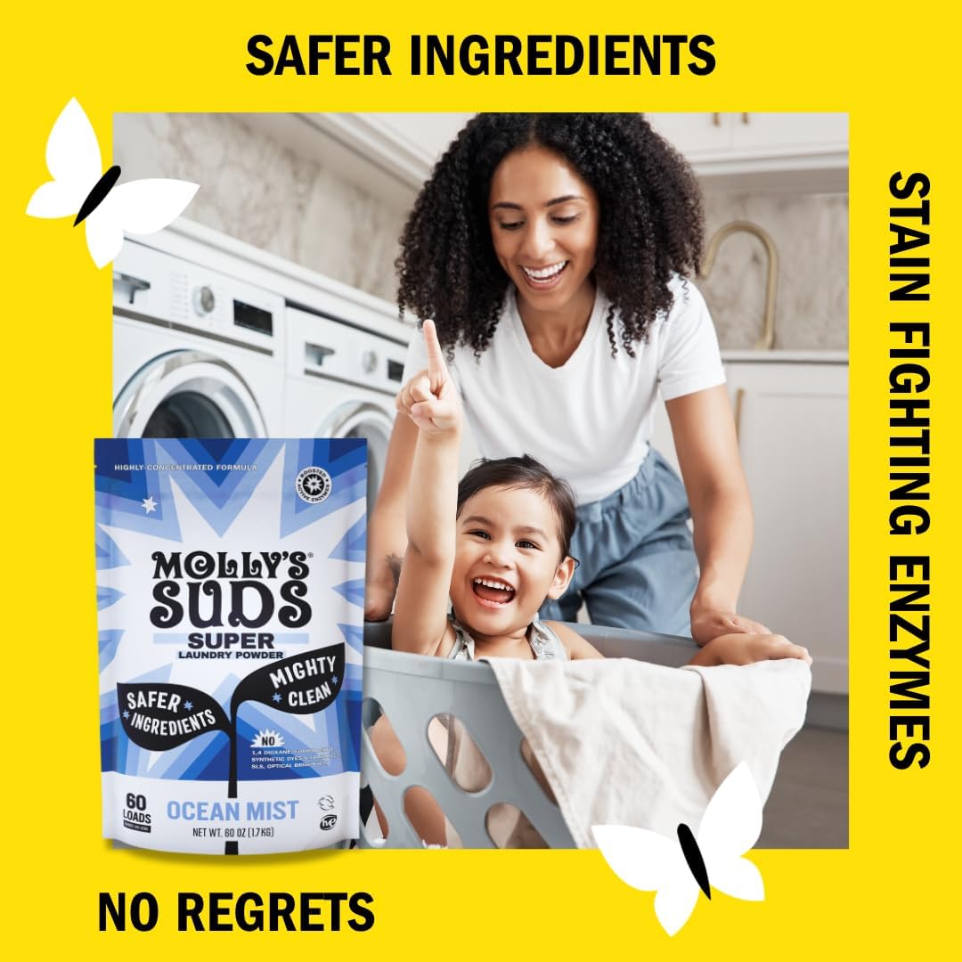 Molly's Suds Super Powder Detergent | Extra Strength Laundry Soap, Stain Fighting | Sensitive Skin | Simple, Effective Ingredients | 60 Loads - Ocean Mist - Image 3