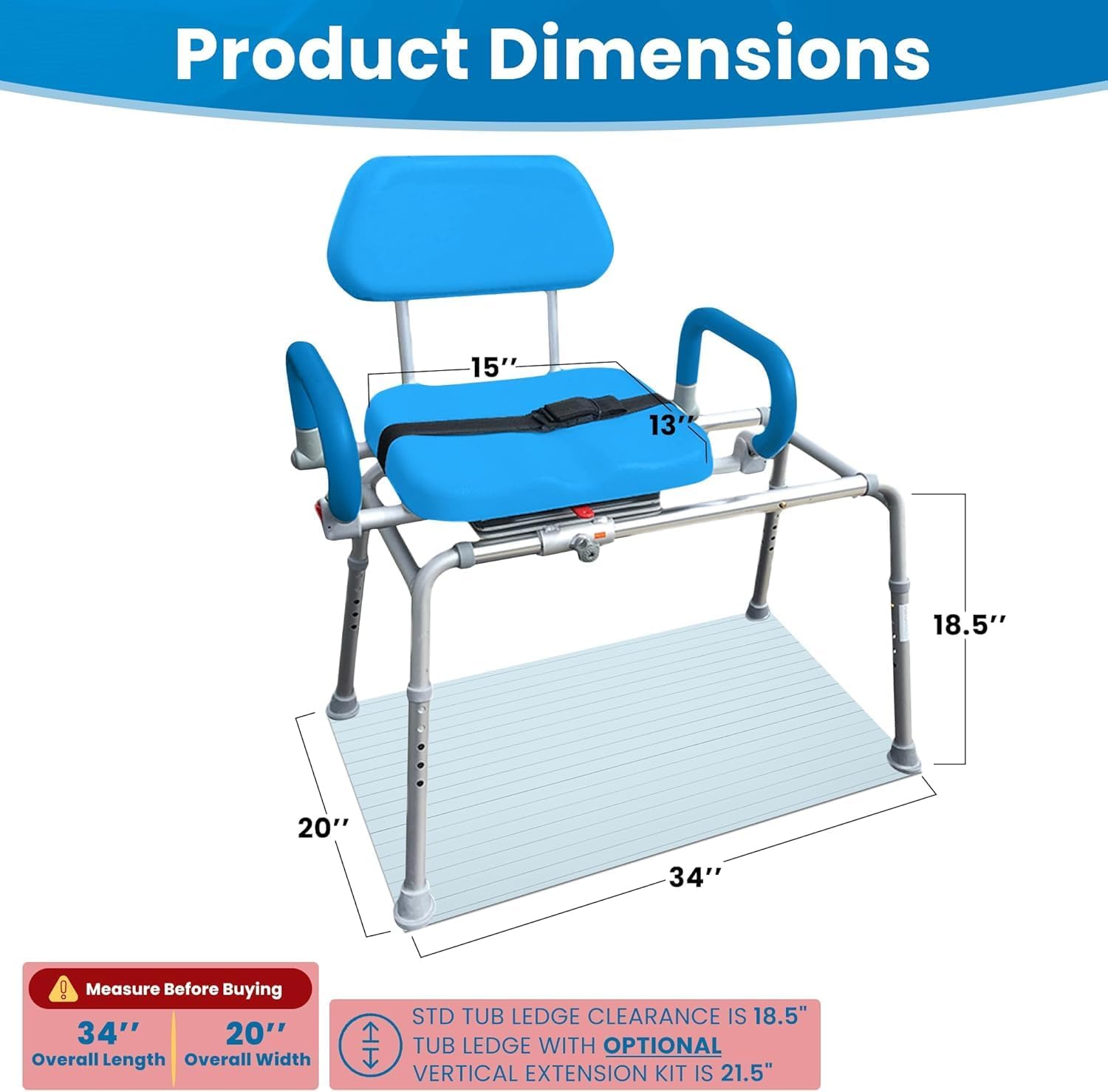 Platinum Health Carousel Sliding Shower Chair Tub Transfer Bench with Swivel Seat, Premium Padded, Pivoting Arms, Adjustable Space Saving Design for Tubs, Inside Shower, for Handicap & Seniors, Blue - Image 2