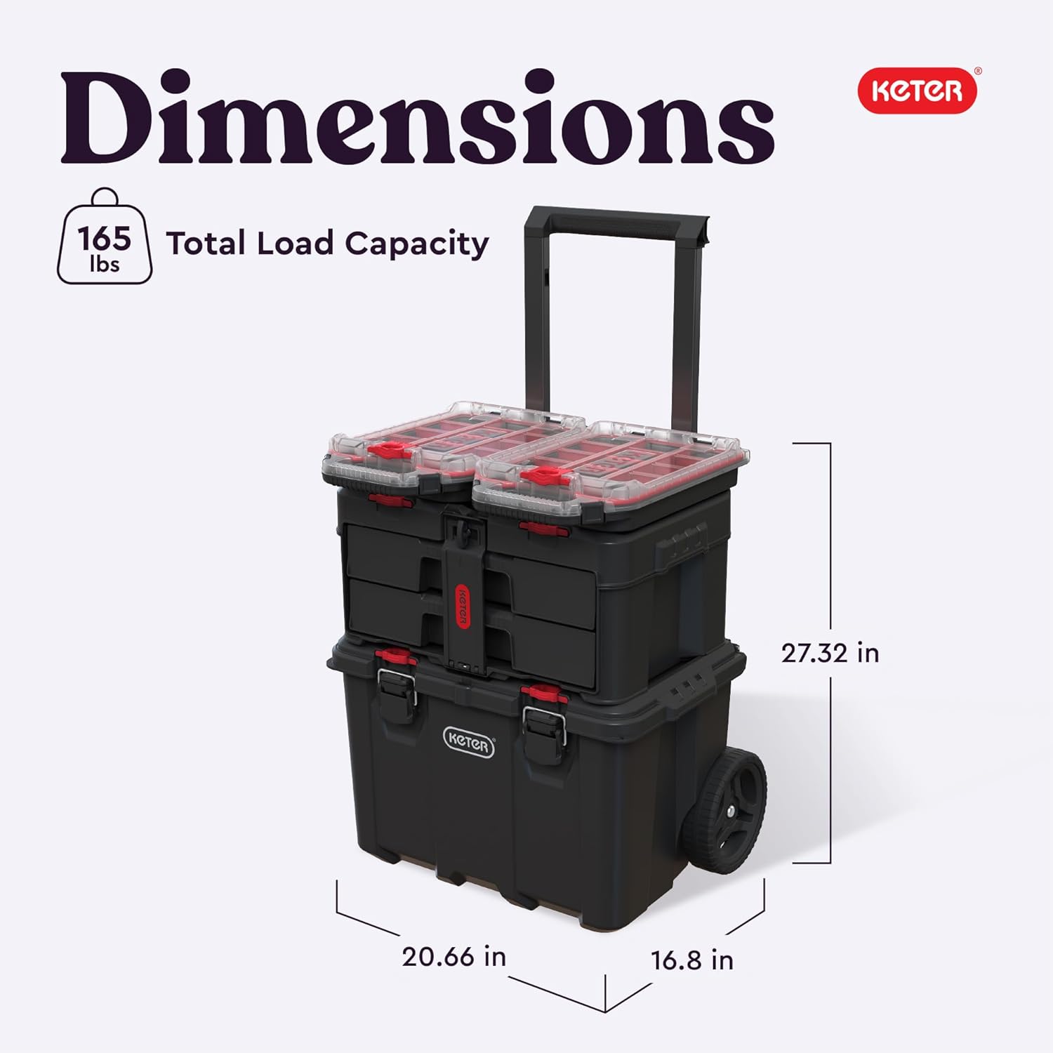 Keter Stack-n-Roll 2.0 Modular Tools Organizer for Garage Storage and DIY, 3 Piece Resin Rolling Tool Box System for Small Parts, Black - Image 2