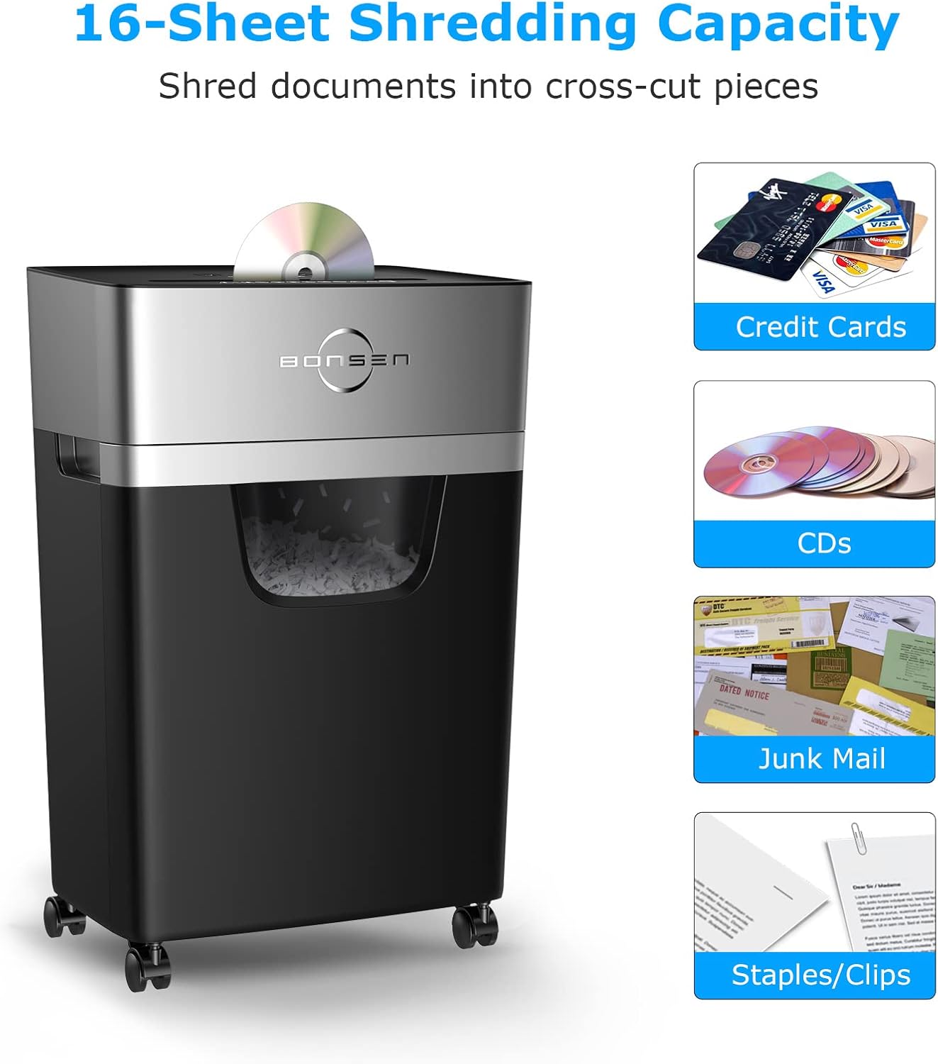 BONSEN 16-Sheet Heavy Duty Paper Shredder for Office, 60-Minute Running Time Cross-Cut CD Shredder with 60dB Low-Noise, 5.3-Gallon Pull Out Bin, Anti-Jam & Quiet Shredder for Home Office (S3102) - Image 3