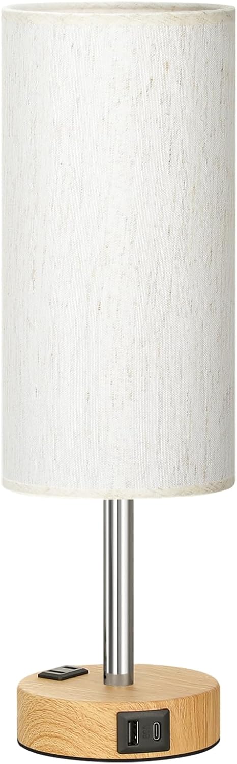 Fenmzee Bedside Table Lamp for Bedroom - 3 Way Dimmable Touch Lamp USB C Charging Ports and AC Outlet, Small Lamp Wood Base Round Flaxen Fabric Shade for Living Room, Desk, LED Bulb Included - Image 8