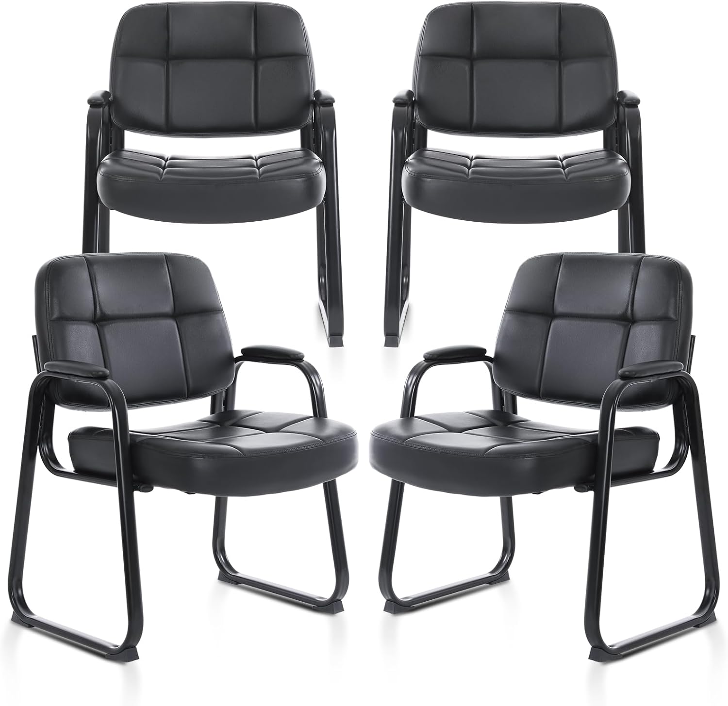 CLATINA Big & Tall Waiting Room Guest Chair with Bonded Leather Padded Arm Rest and Sled Base for Office Reception Lobby and Conference Desk, Black(4 Pack)