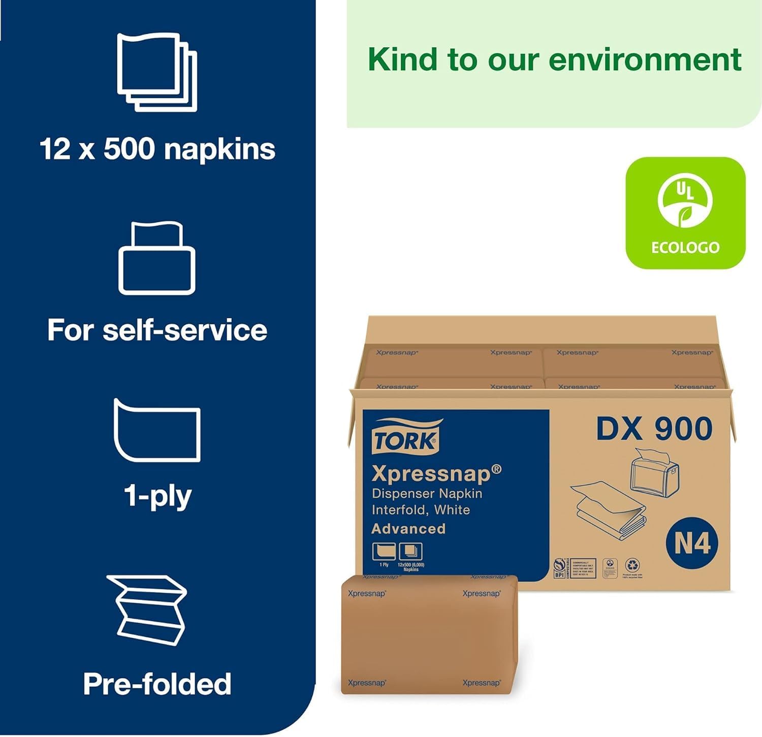 Tork Xpressnap White Dispenser Napkins N4 Advanced Interfold 1-Ply for Hygienic Dispensing 12 Packs of 500 (6000 Total) - (DX900) - Image 2