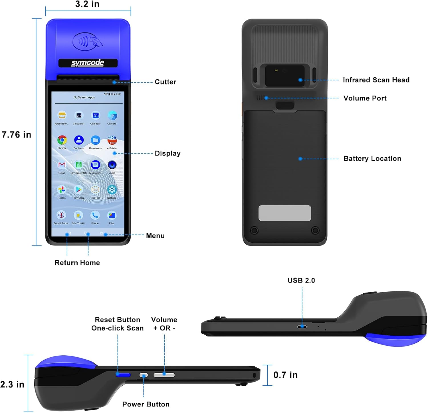 symcode POS PDA Mobile POS Machine Terminal Thermal Receipt Printer 5.99" High Resolution and Clear Touch Screen Handheld PDA Printer Android 8.1 OS Built-in Google Play and NFC - Image 2
