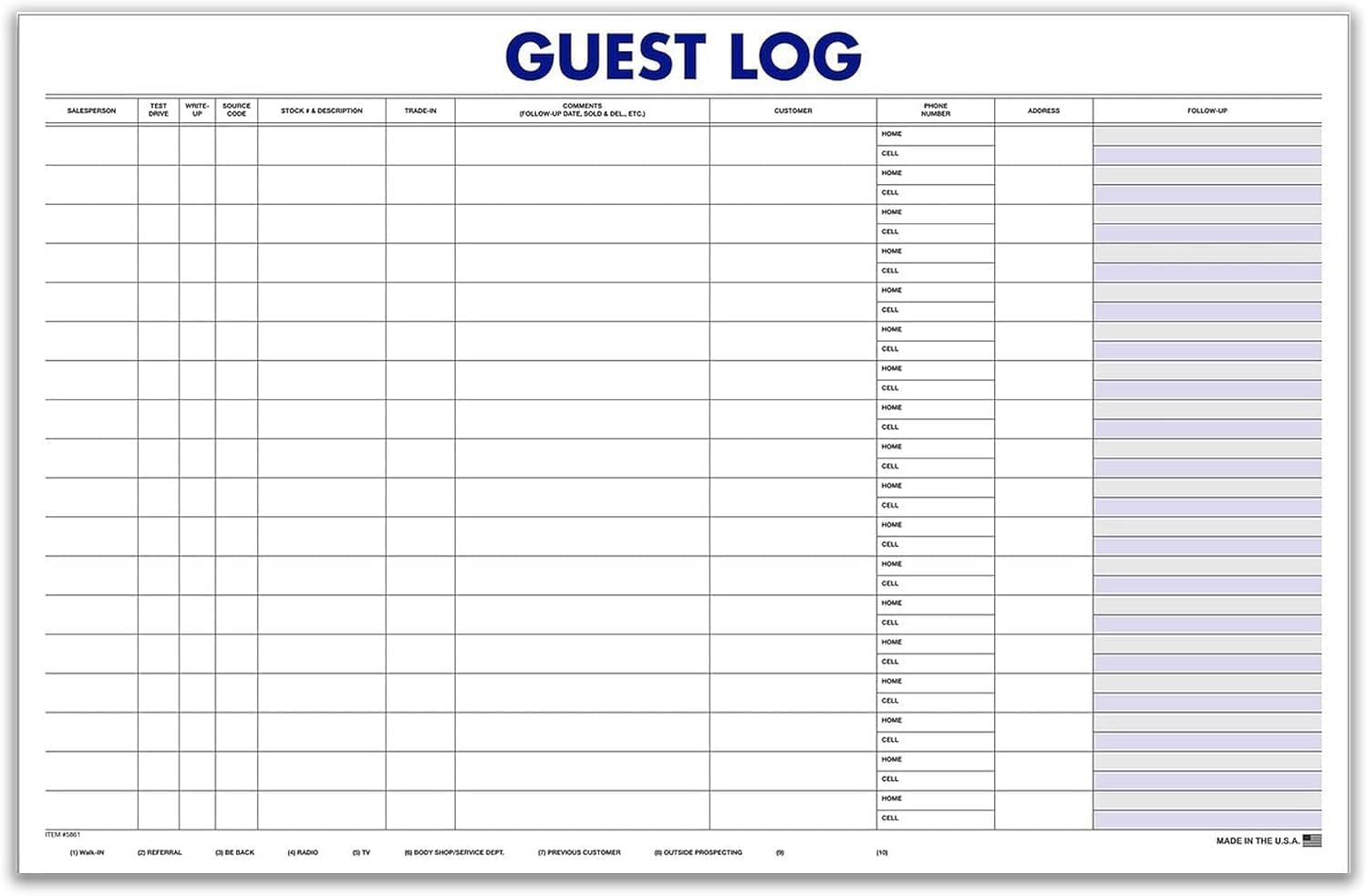 Guest Log Book for Automotive Dealerships – Customer Sign-in Tracking Log – 17" × 11" Visitor Registration Book – 100-Sheet Pad for Auto Service Centers, Repair Shops, Lead Management - 1 Pad