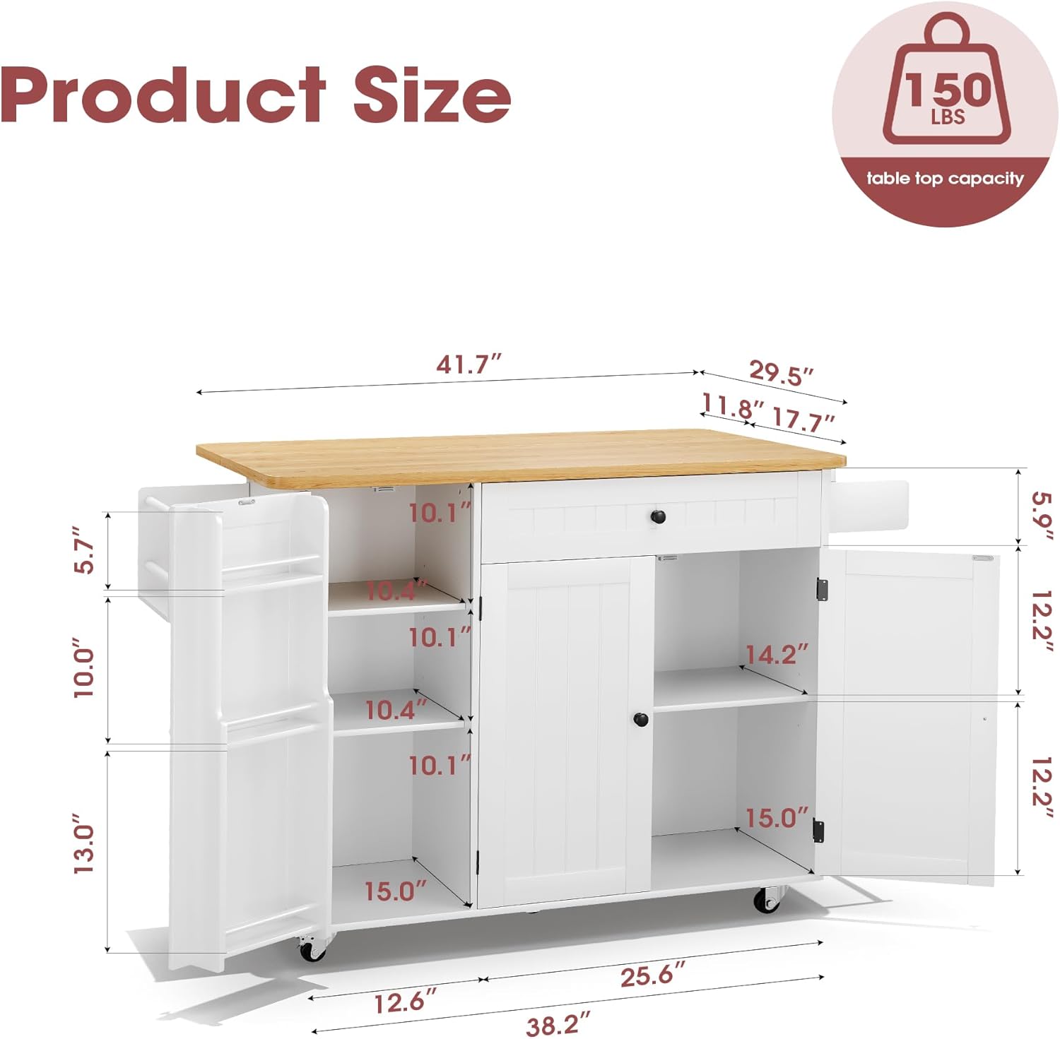 Kitchen Island with Storage, 41.7" Width Rolling Cart with Drawer, Rolling Kitchen Island on Wheels with Drop Leaf, Towel Rack, and Drawer, White, 41.7" L x 29.5" W - Image 3