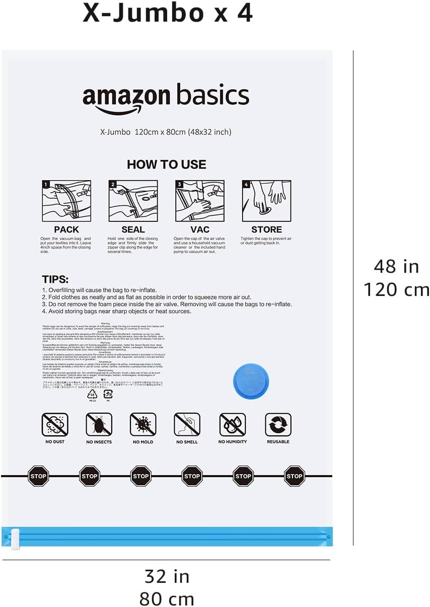 Amazon Basics Vacuum Storage Bags for Blankets, Vacuum Compression Space Saving Storage Bags with Hand Pump for Clothes Packing, X-Jumbo, 4-Pack - Image 6