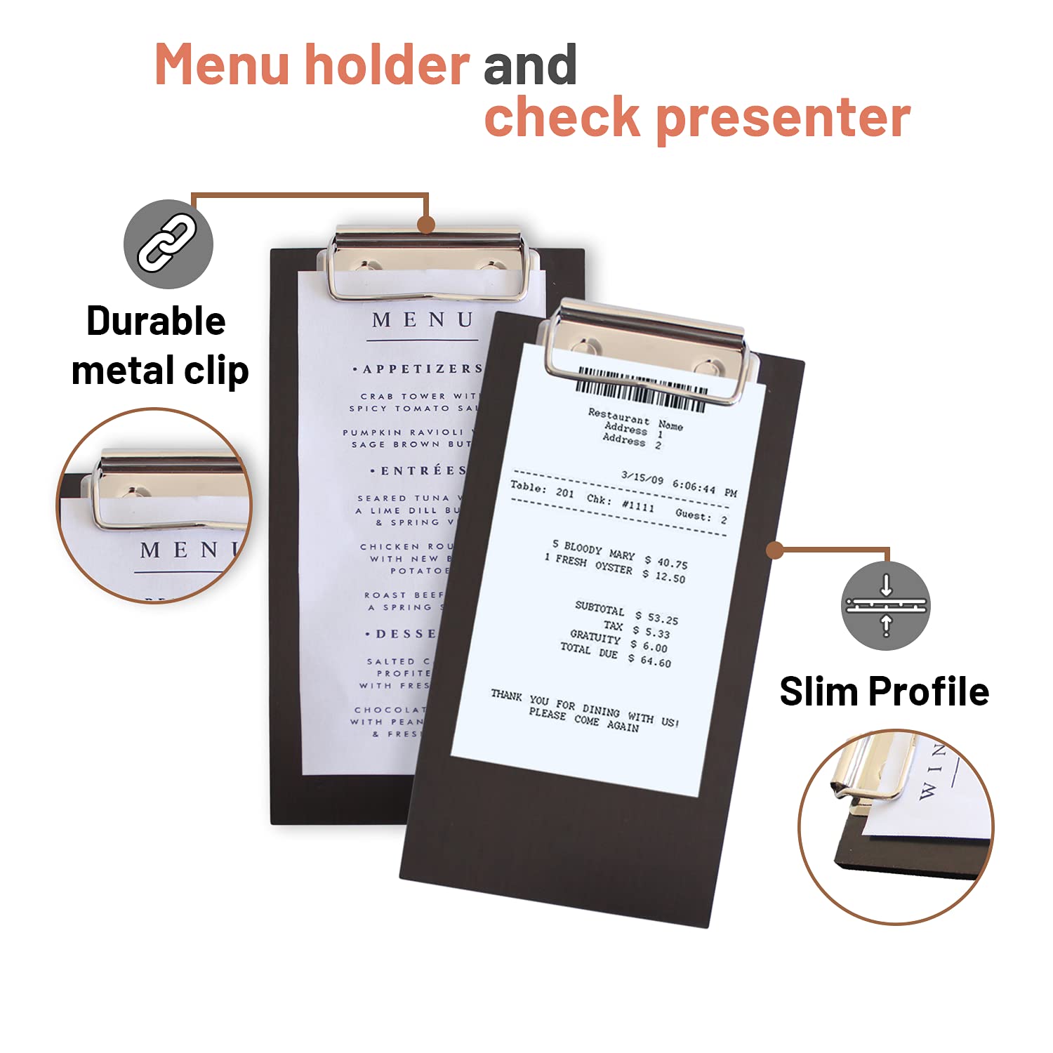 Olbia 10-Pack Wood Check Presenters for Restaurants, Server Book, Menu Holder for Cafes, Wooden Clip Board, Cute Waitress Book Organizer, Server Note Pads, Guest Check Book 8" x 4" (Walnut) - Image 3