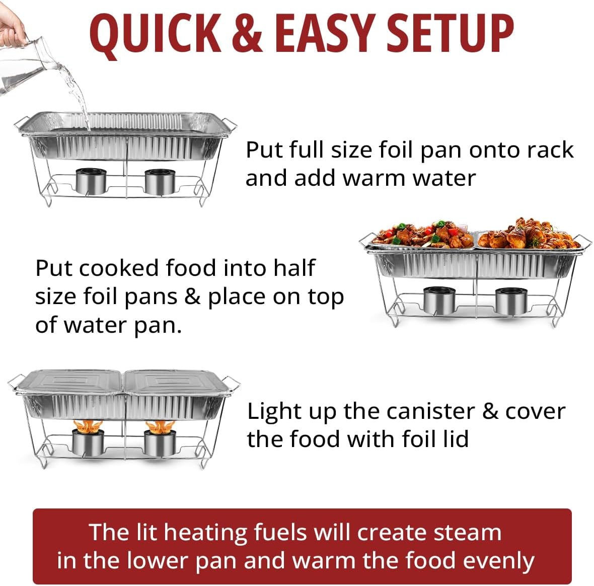 Disposable Chafing Dish Buffet Set, 33 Piece of Chafing Servers with Food Warmers, Covers, Half-Size Food Pans, Water Trays, Serving Utensils, Foil Lids and 4Hr Fuel Cans for Parties, Catering - Image 3
