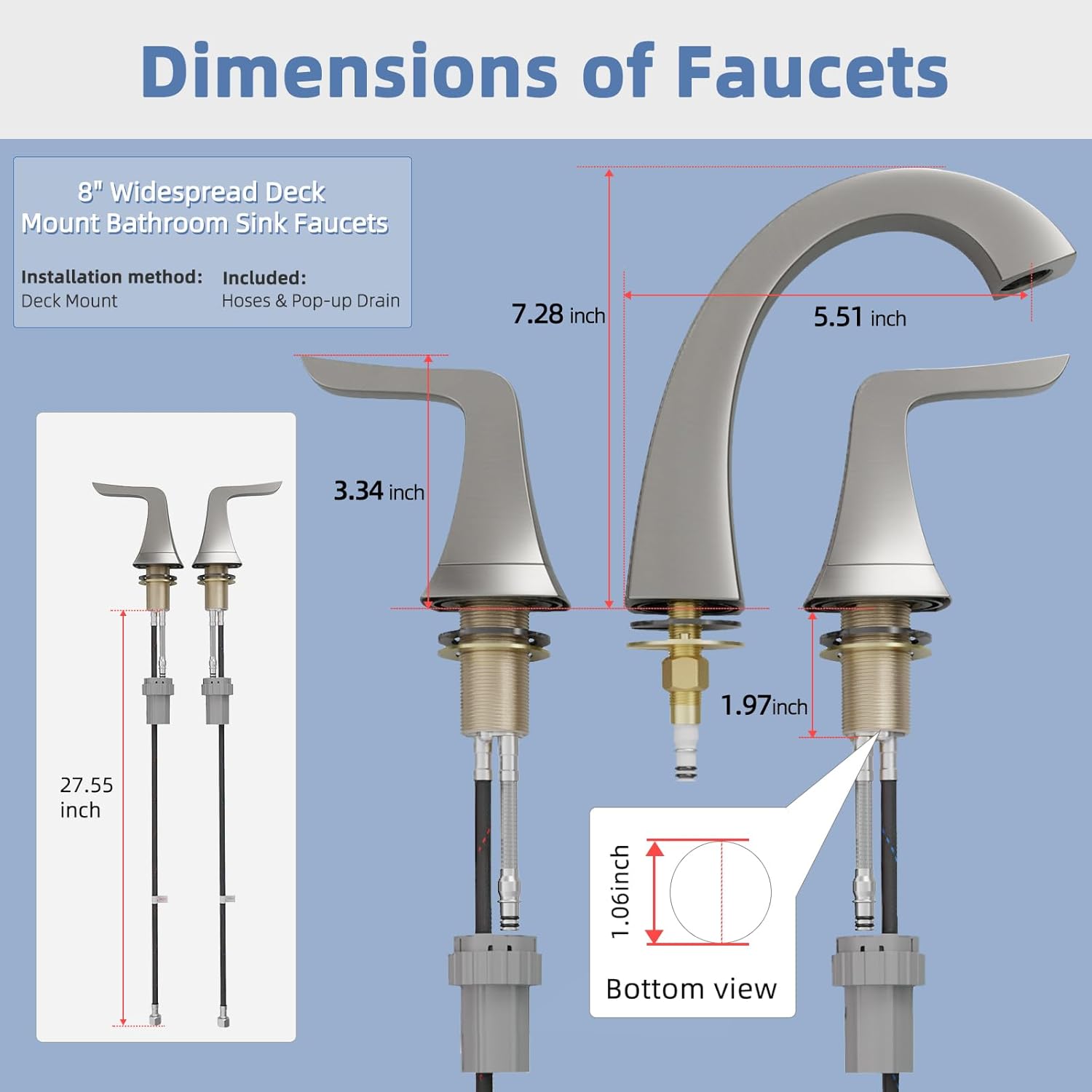 VXV Brushed Nickel Bathroom Faucet Widespread 8 Inch, 3 Hole Vanity Sink Faucet with Pop-Up Drain & Pre-Attached Supply Lines for Easy DIY Installation, Faucet for Bathroom Sink, RV - Image 9