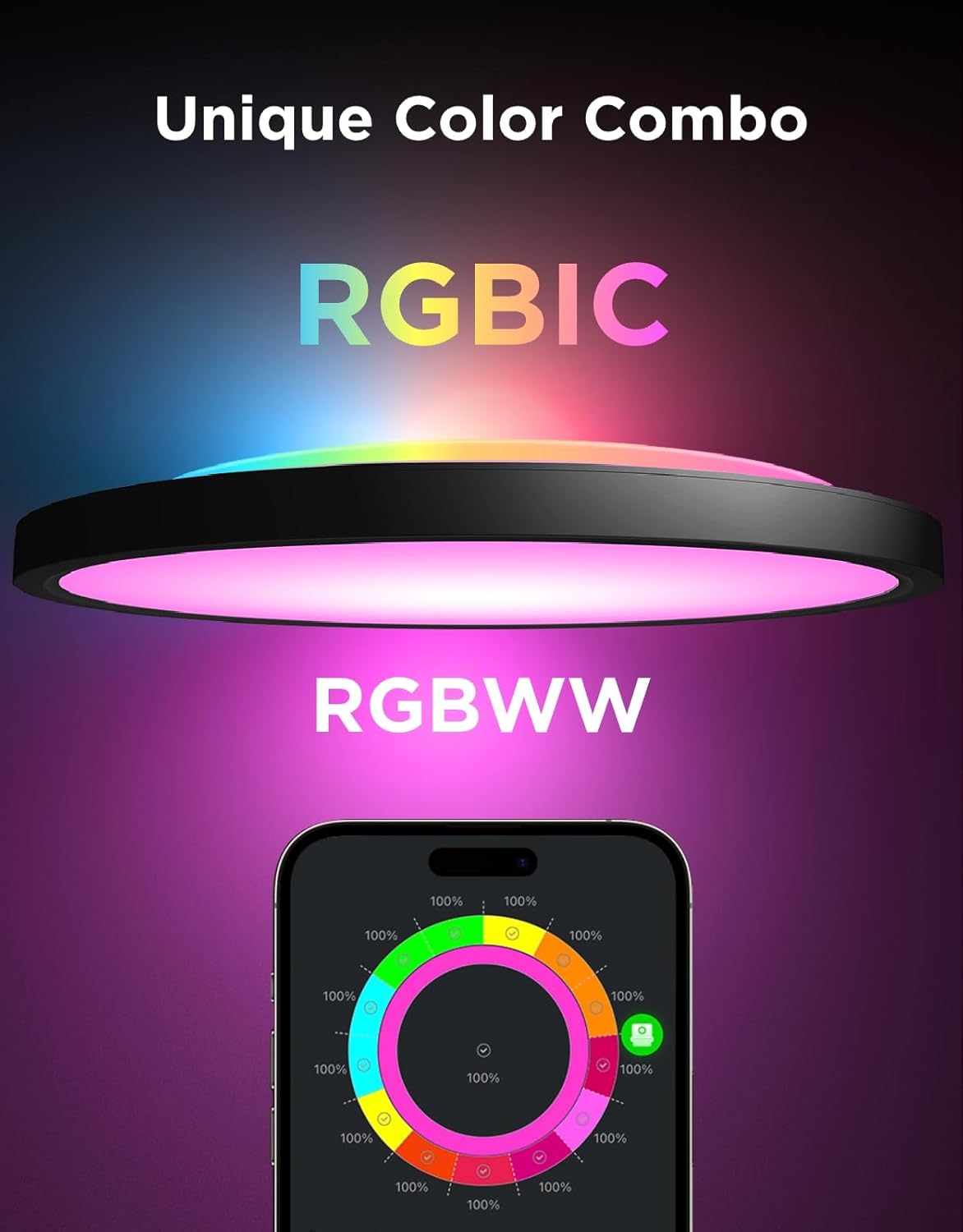 Govee Smart Ceiling Light, RGBIC LED Ceiling Light Fixture, 2400LM Flush Mount Light Fixture, DIY Colors, Works with Alexa, 2200K-6500K for Bedroom, Living Room, 12 Inch, 1 Pack, Black - Image 2