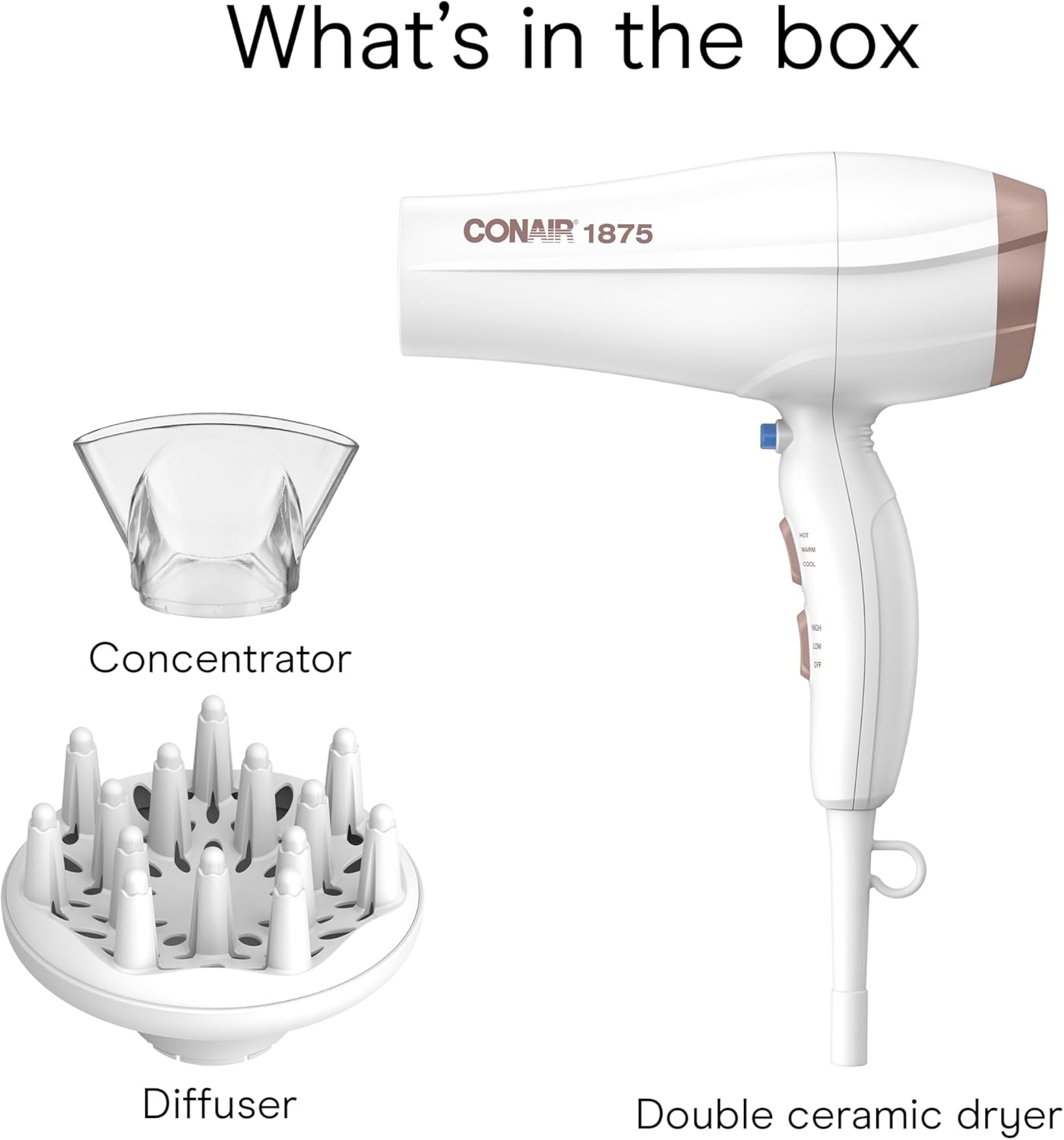 Conair Double Ceramic Hair Dryer, 1875W Blow Dryer with Diffuser and Concentrator, Ionic Conditioning, 3 Heat & 2 Speed Settings, Amazon Exclusive, White - Image 10