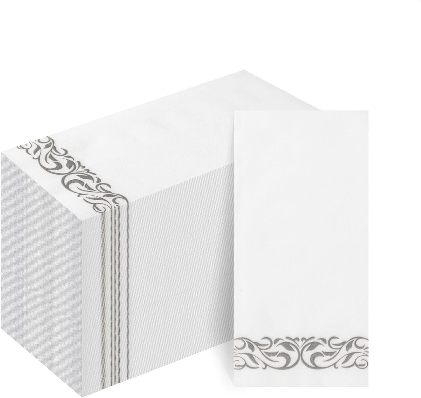 Goodluck 100-Pack Linen-Feel Disposable Guest Towels – Soft and Absorbent Paper Hand Towels for Bathroom or Kitchen – Elegant White Napkins with Silver Design for Parties, Weddings, Dinners Events