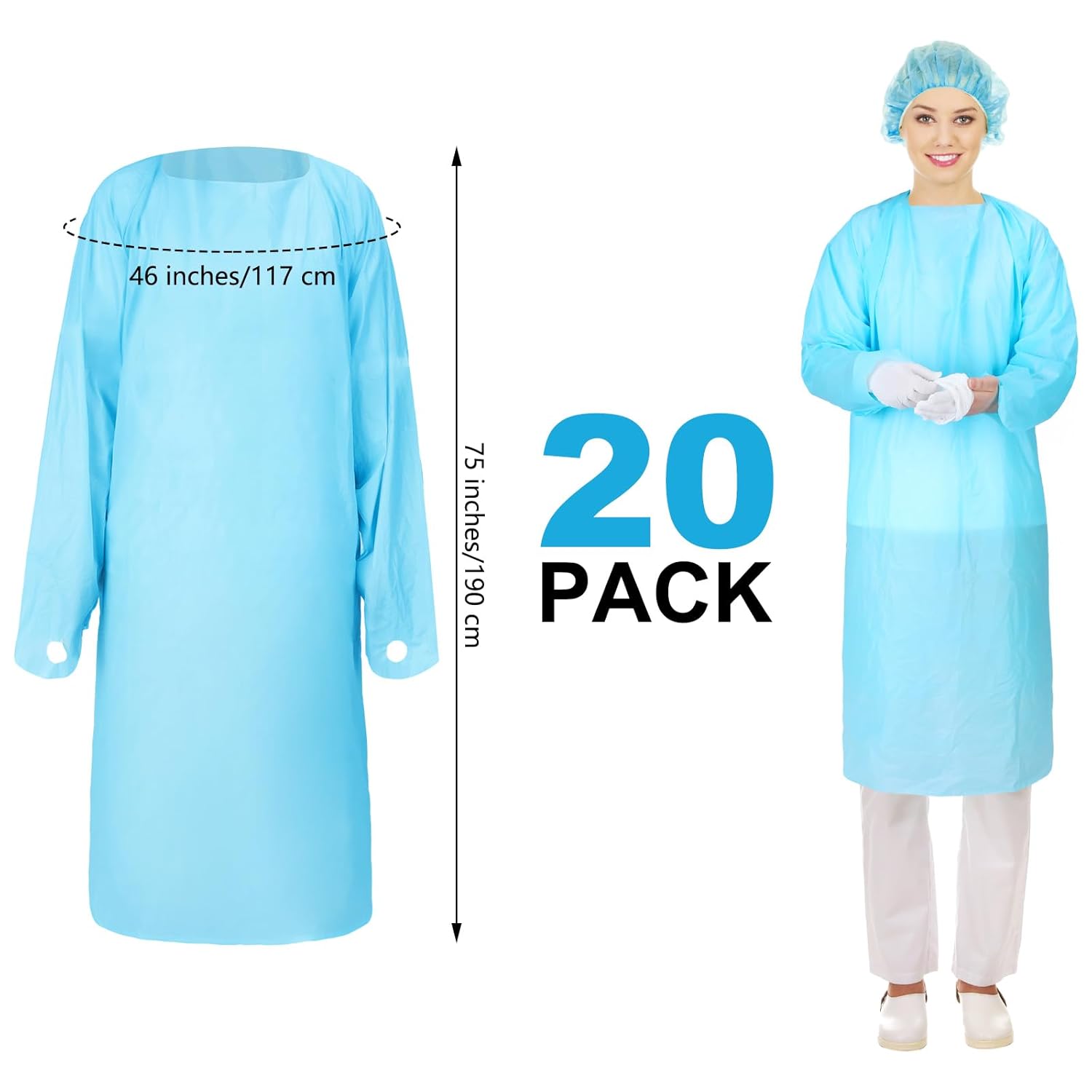 TrelaCo 20 Pack Disposable Isolation Gowns PPE Gowns Set with Sleeves Thumb Loops Waist Ties 46 Inch Large Waterproof CPE Odorless Disposable Gown for Home Isolation, Lab, Dental, Beauty (Blue) - Image 2