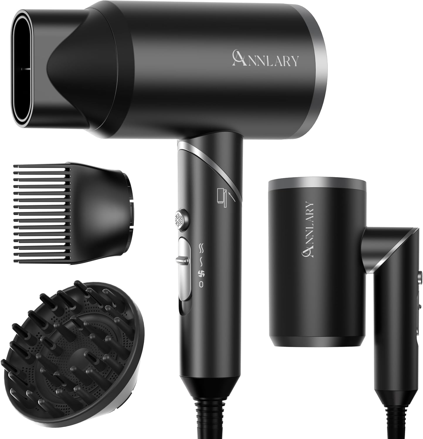 Hair Dryer with Comb | 1800W Blow Dryer with Diffuser for Curly Hair | Plasma Ionic Hairdryer for Frizz Control | Foldable & Protable Design for Travel | 6.5 ft ALCI Cord for Women and Men