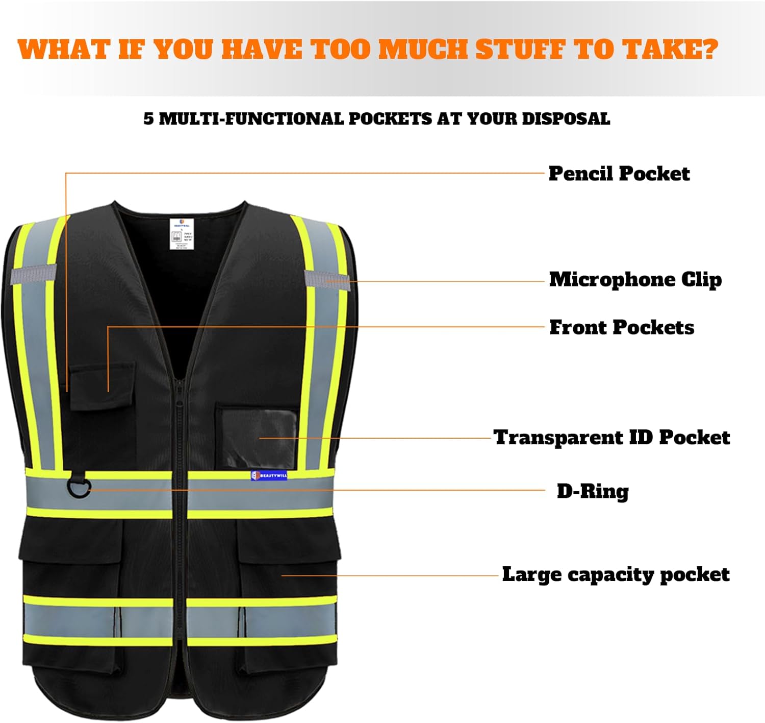 BeautyWill Custom Safety Vest Logo Class 2 High Visibility Reflevtive Vest Outdoor Protective Workwear - Image 4