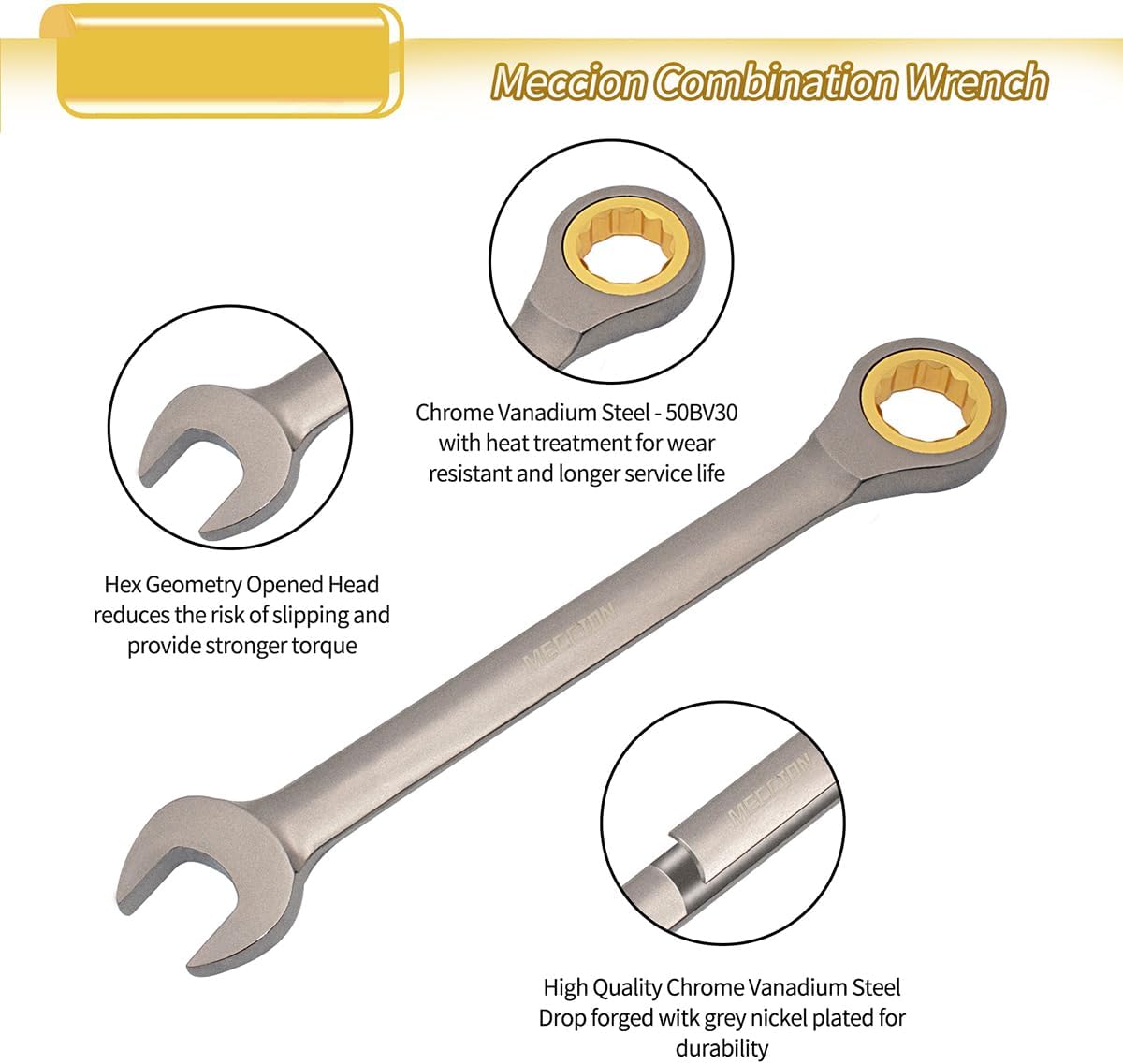 Meccion Combination Wrench 1-1/4 Inch SAE Open End Ratcheting Wrench - Industrial Grade Gear Spanner with Grey Nickle Plated - Image 3