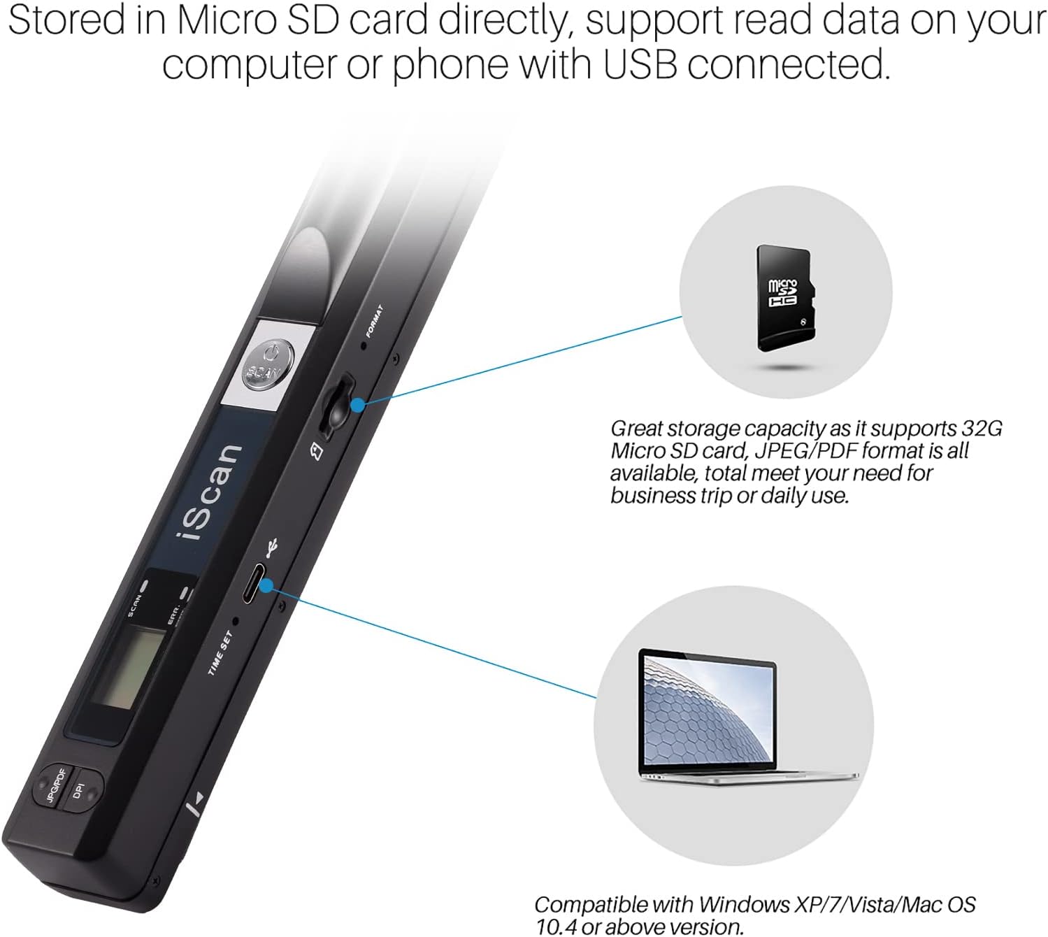 Portable Document Scanner, AOZBZ 900DPI Handheld Image Scanner, Scanning Wand,A4 Colour Photo Mobile Scanner Handy Scan (JPG/PDF Format, High Speed USB 2.0, Included 16G SD Card) - Image 4