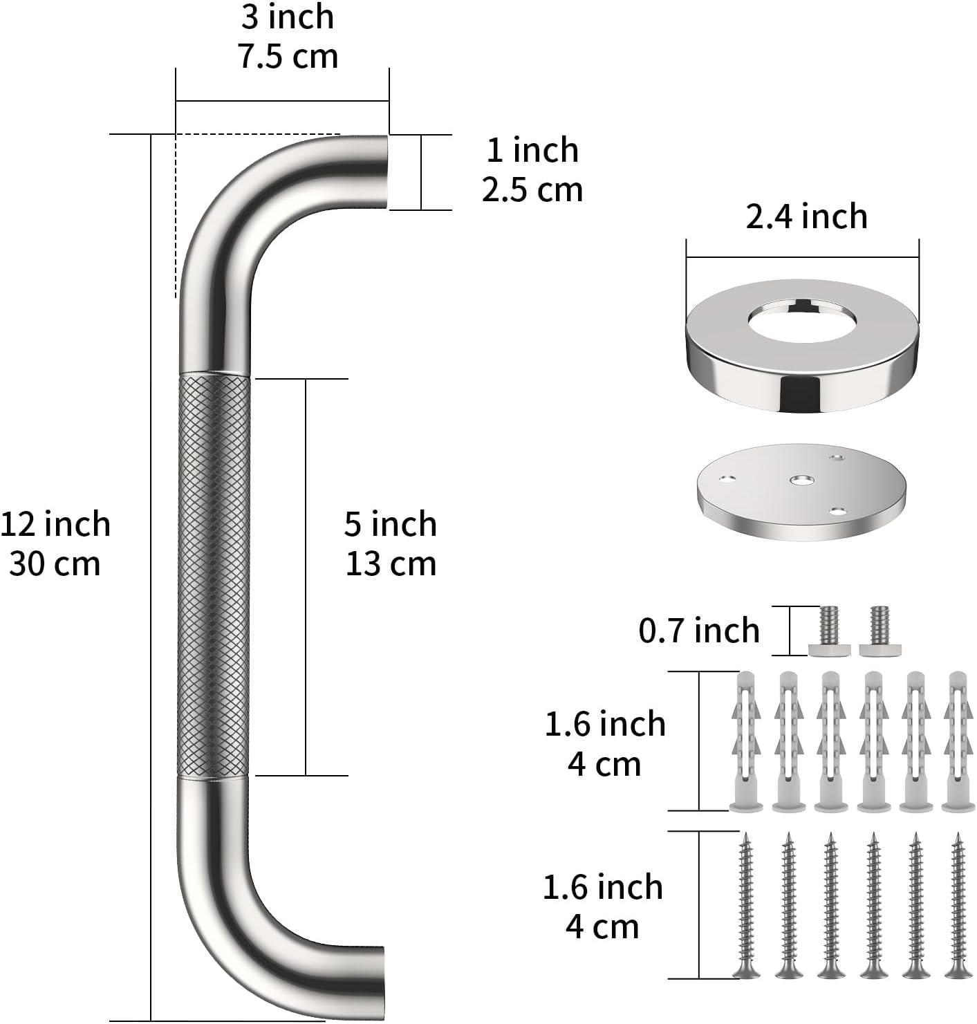 2 Pack 12 Inch Anti Slip Shower Grab Bar Handle, ZUEXT Chrome Stainless Steel Bathroom Grab Bar, Knurled Bathroom Balance Bar,Safety Hand Rail Support,Handicap Elderly Injury Senior Assist Bath Handle - Image 2