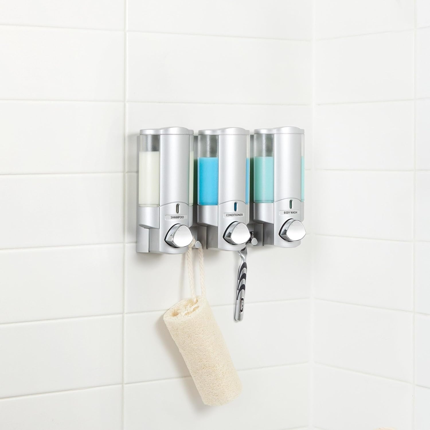 Better Living Aviva Shower Dispenser 3 Chamber, Wall Mount Shower Soap Dispenser for Bathroom Hotel Body Wash, Built-in Hooks, No Drill, Waterproof Shampoo Soap Dispenser, 3 x 11 oz, Satin Silver - Image 4