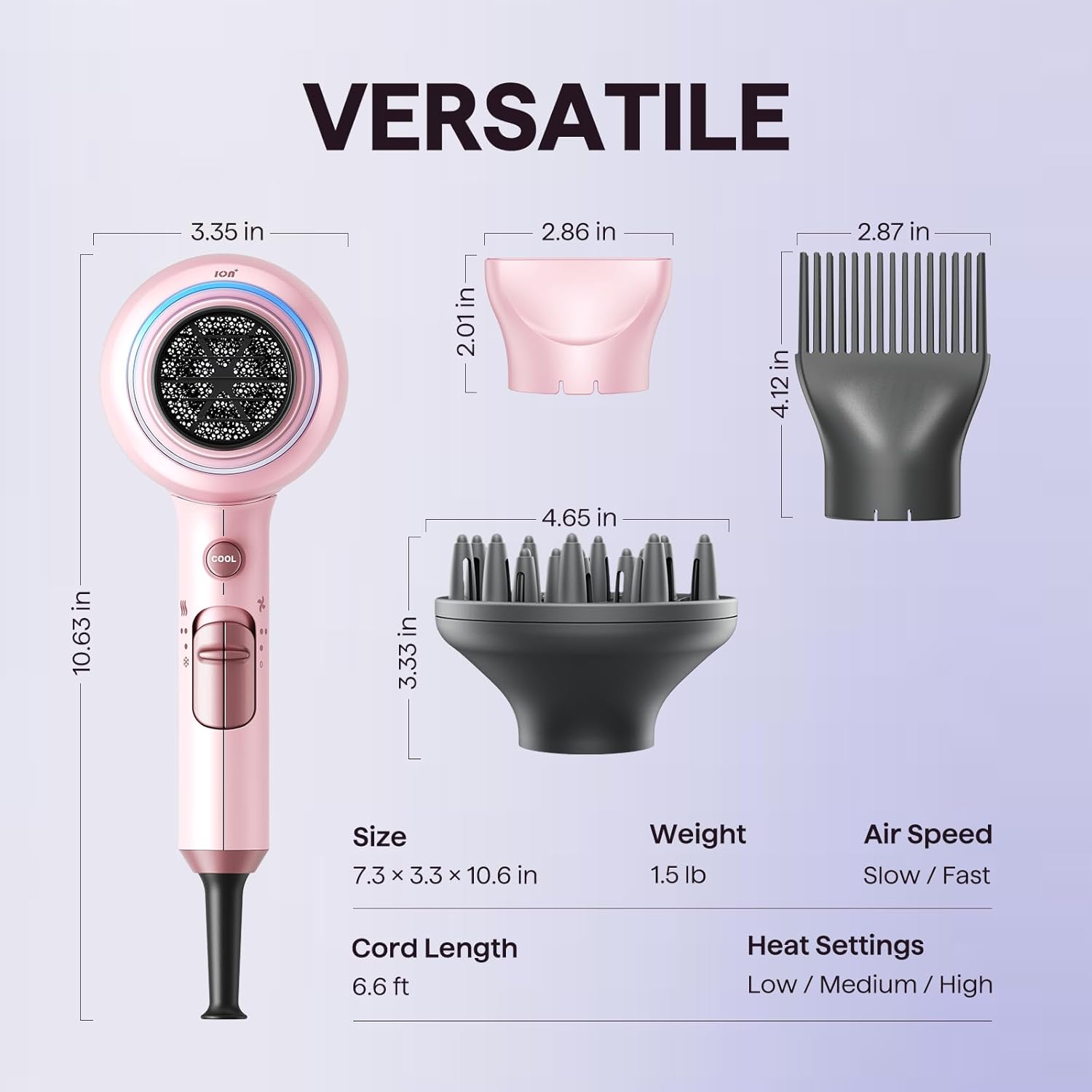 Wavytalk Hair Dryer with Diffuser, Blown Away Ionic Blow Dryer for Curly Hair with Comb, 1875W Fast Drying Hair Dryer with Ceramic Technology, 3 Attachments for All Hair Types, Light and Quiet, Pink - Image 7