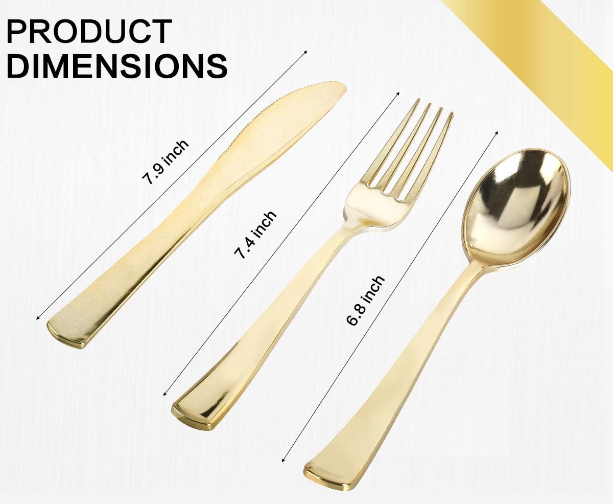 M MCIRCO 175 Piece Gold Dinnerware Set - 50 Plastic Plates, 25 Cups, 25 Pre Rolled Napkins with Plastic Silverware, Disposable Gold Dinnerware Set for 25 Guest - Image 3