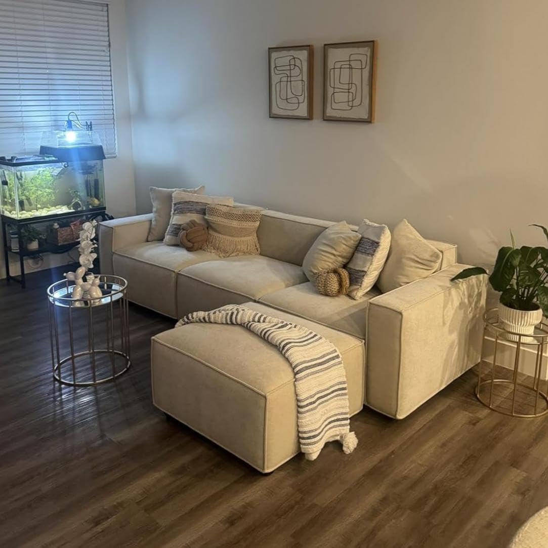 Acanva Luxury Modular Sectional Living Room Sofa Set, Modern Minimalist Style Couch with Ottoman and Chaise, L-Shape, Linen-Like Cream - Image 8