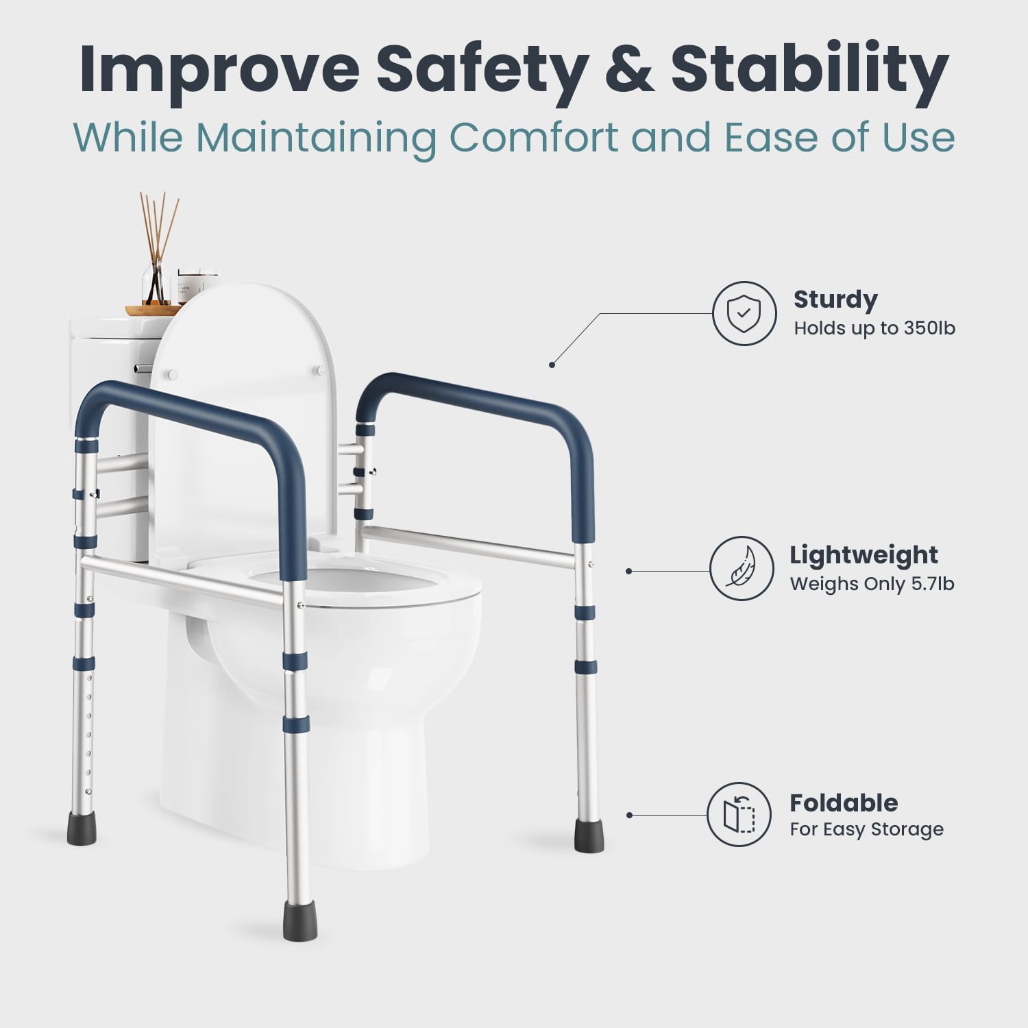 PELEGON Toilet Safety Rails (350 lb) - Adjustable Toilet Safety Frame & Rails, Toilet Safety Rail for Elderly Adults, Toilet Handles for Seniors, Toilet Bars for Elderly & Handicap - Image 8