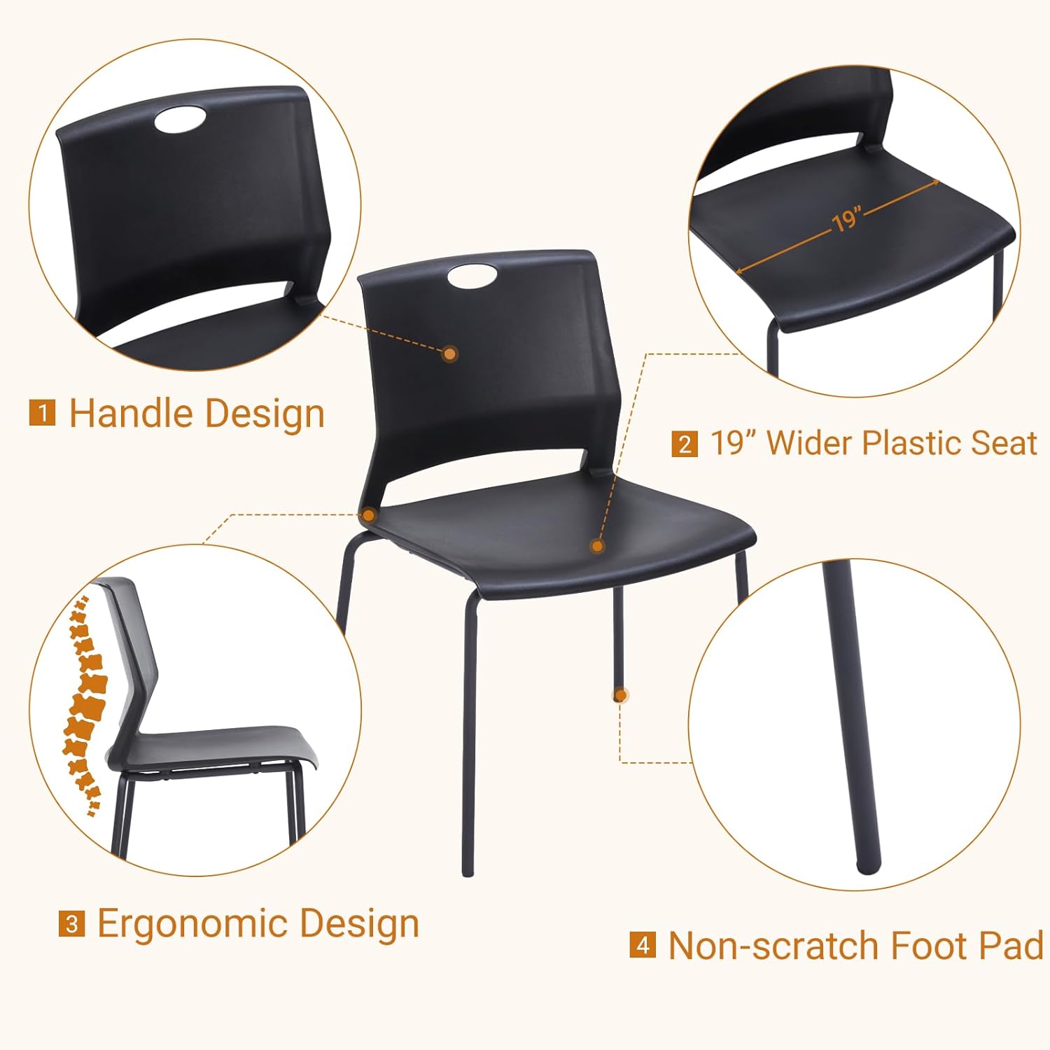 Sidanli Black Stacking Chairs Set of 4, Plastic Stackable Chair for Office Conference Waiting Break Room - Image 5
