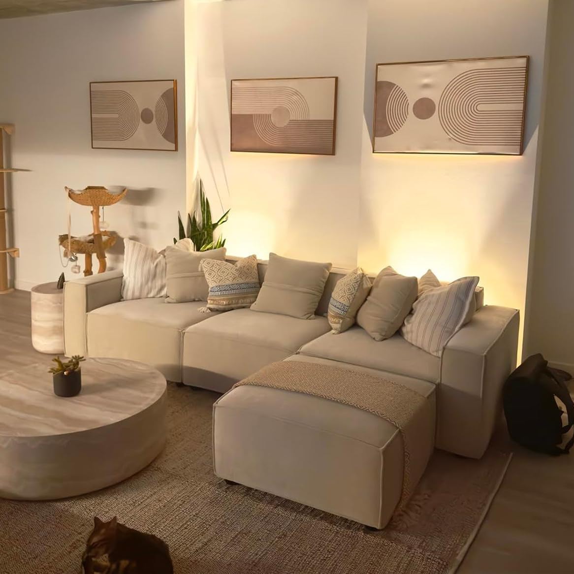Acanva Luxury Modular Sectional Living Room Sofa Set, Modern Minimalist Style Couch with Ottoman and Chaise, L-Shape, Linen-Like Cream - Image 5