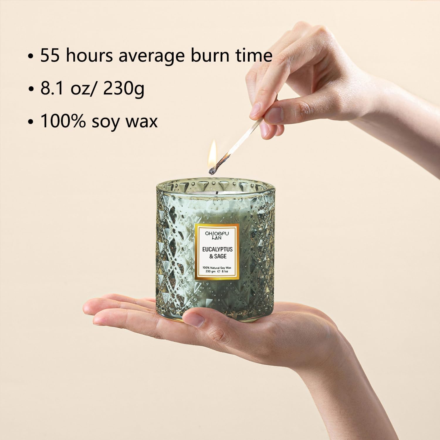 Chloefu LAN Eucalyptus & Sage Scented Candles Luxury Candle with up to 55 Hour Long Lasting, Highly Scented, 100% Soy Wax, 8.1oz, Beautiful Candles, Ideal for Home Decor and Gifts - Image 2