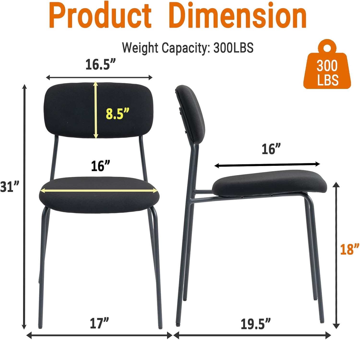 Sidanli Stackable Waiting Room Chairs, Armless Upholstered Guest Chairs Set of 4 with Comfotable Cushion for Conference Reception Break Room Lobby, Black - Image 3