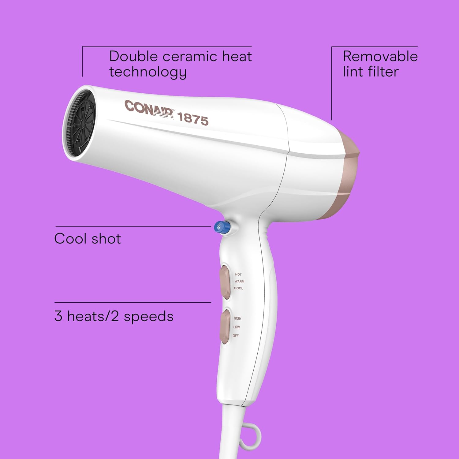 Conair Double Ceramic Hair Dryer, 1875W Blow Dryer with Diffuser and Concentrator, Ionic Conditioning, 3 Heat & 2 Speed Settings, Amazon Exclusive, White - Image 2